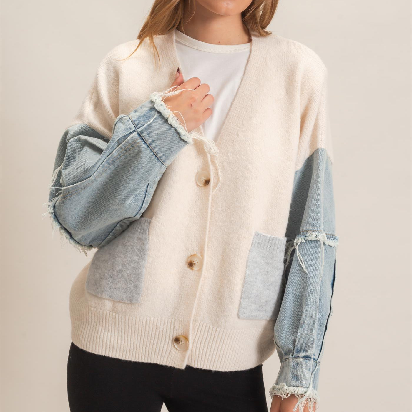 Wholesale V-Neck Cardigan With Distressed Denim Sleeves Cardigans HF26E838 OATMEAL HYFVE