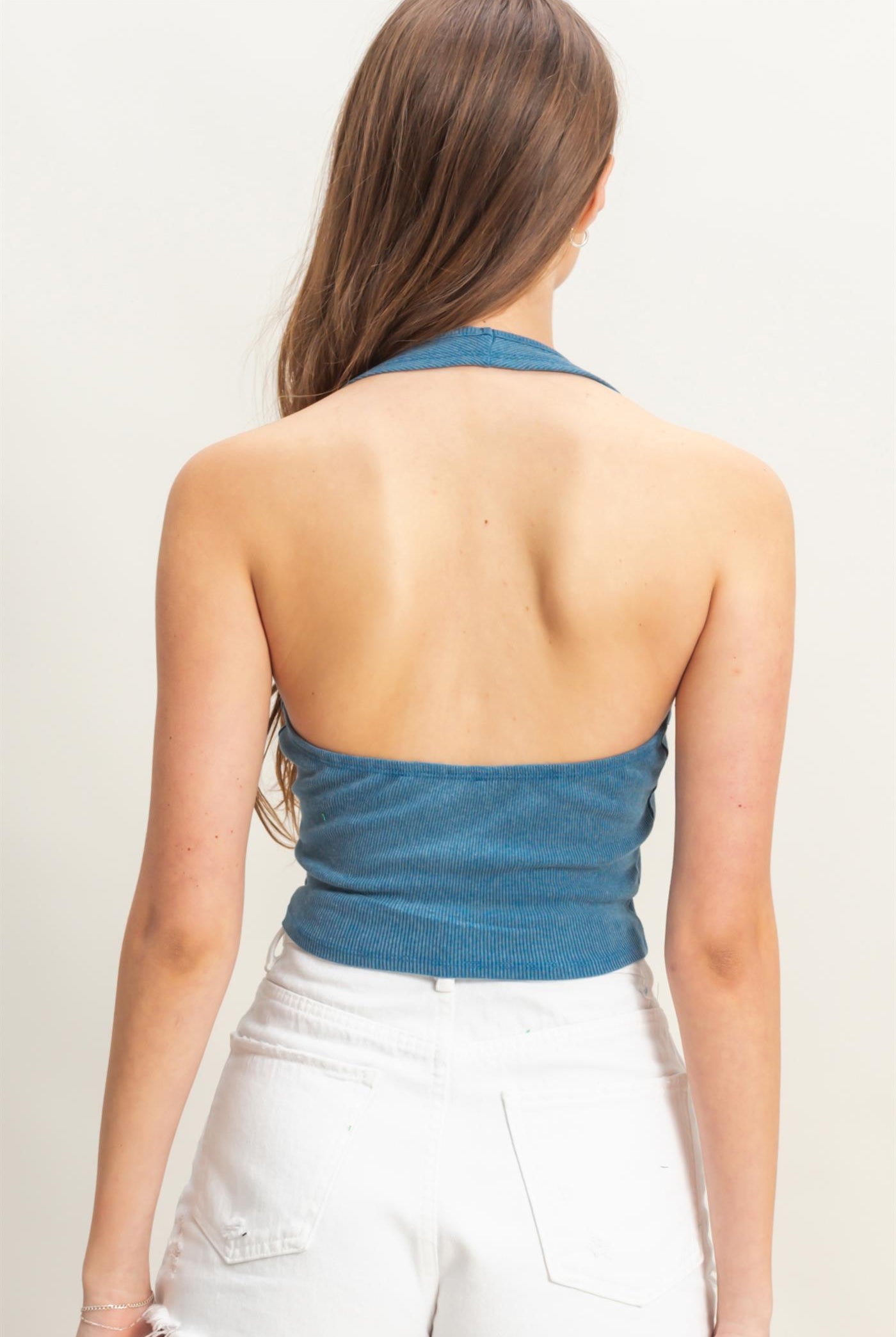 Wholesale Mineral Wash Halter Neck Everyday Top Clothing Tops HF25A060 BLUE HYFVE