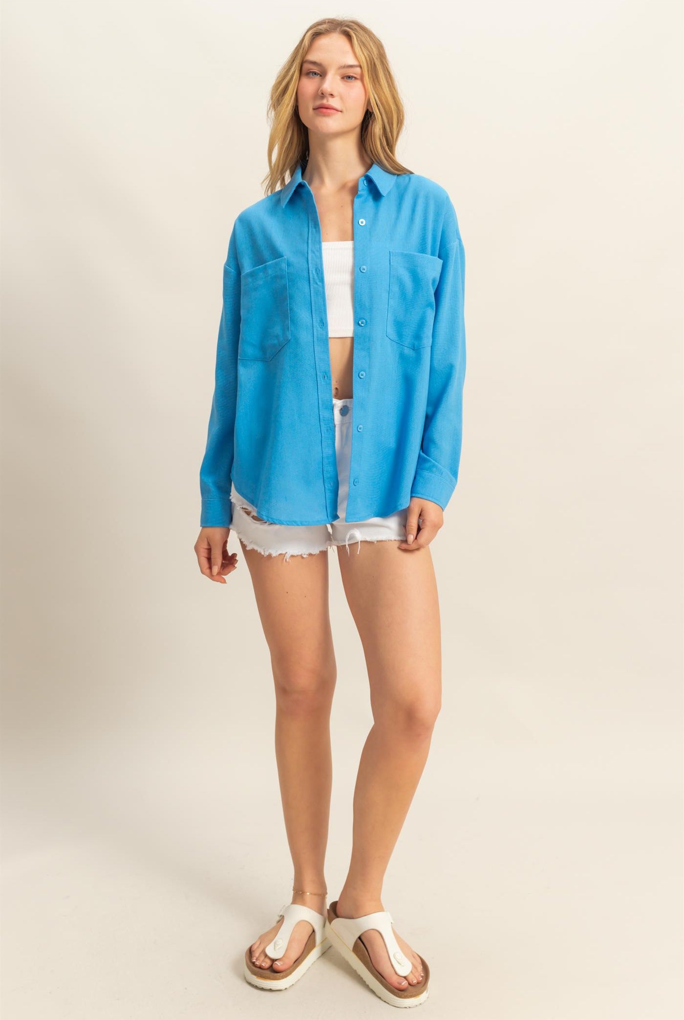 Wholesale Sand Washed Relaxed Long Sleeve Shirt Clothing Tops DZ24C609 BLUE DOUBLE ZERO