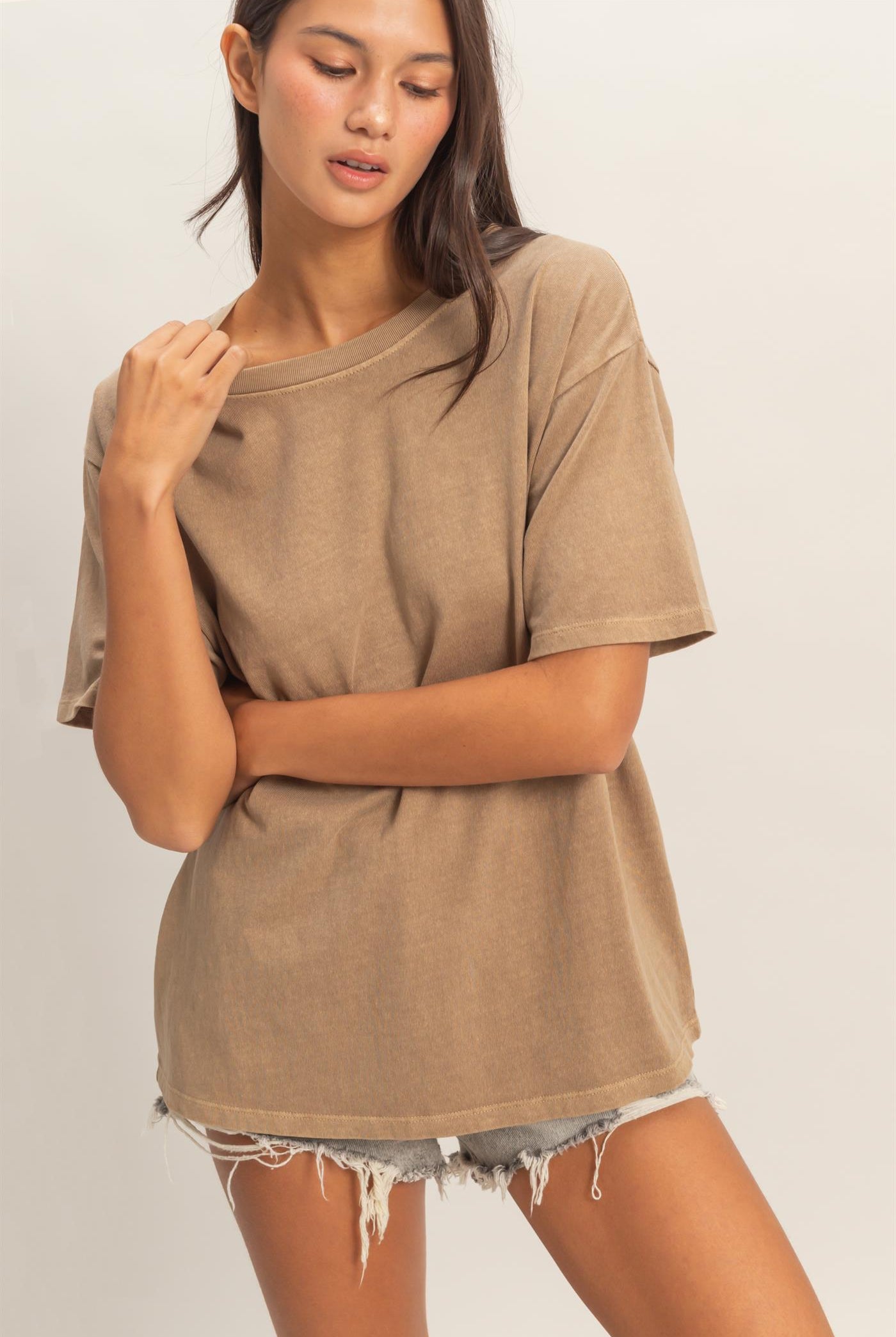 Wholesale Pigment Dyed Crew Neck T-Shirt T-Shirts DZ26A267 MOCHA DOUBLE ZERO