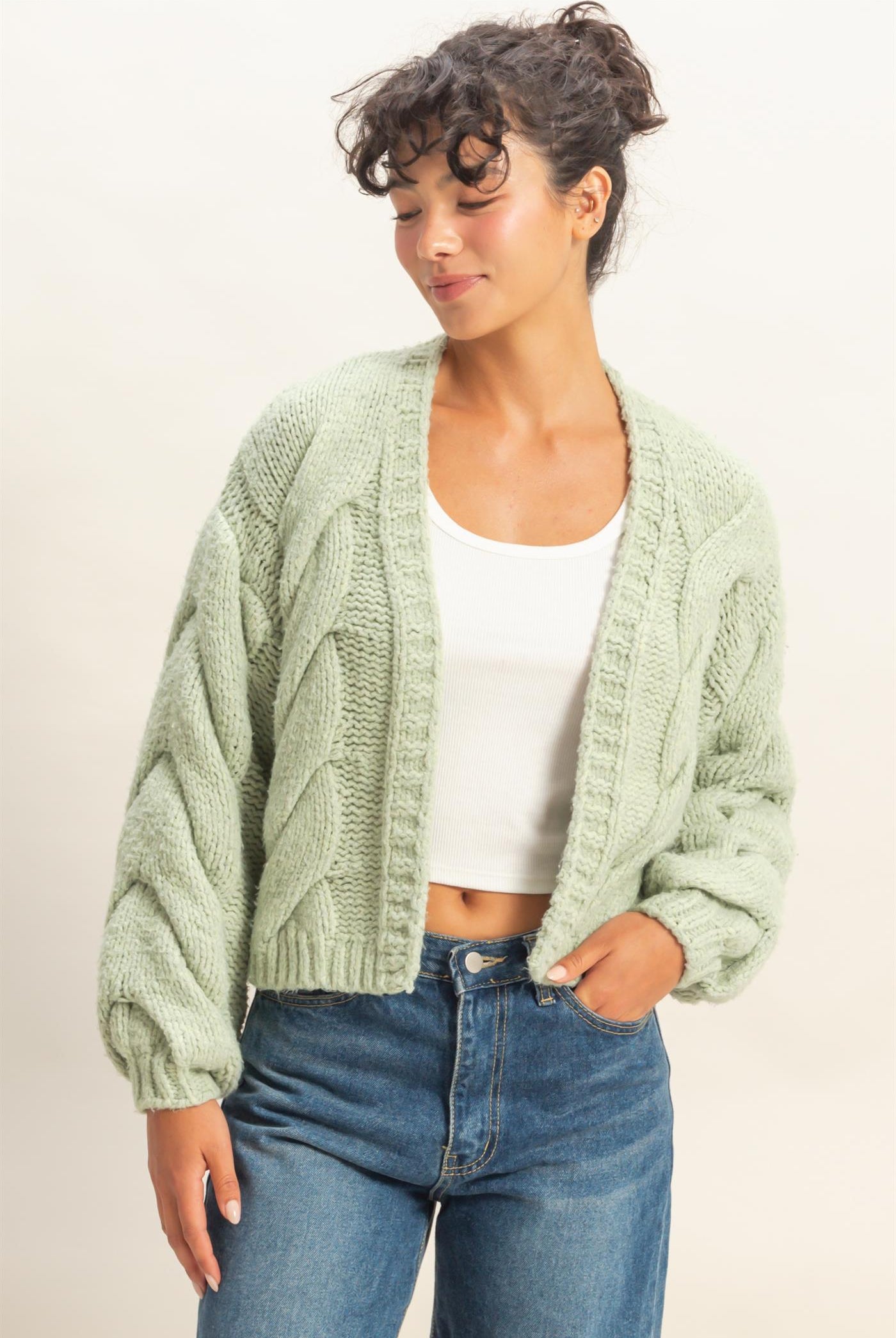 Wholesale Oversized Cable Knit Open Front Cardigan Sweater Cardigans DZ25F072 SAGE GREEN DOUBLE ZERO