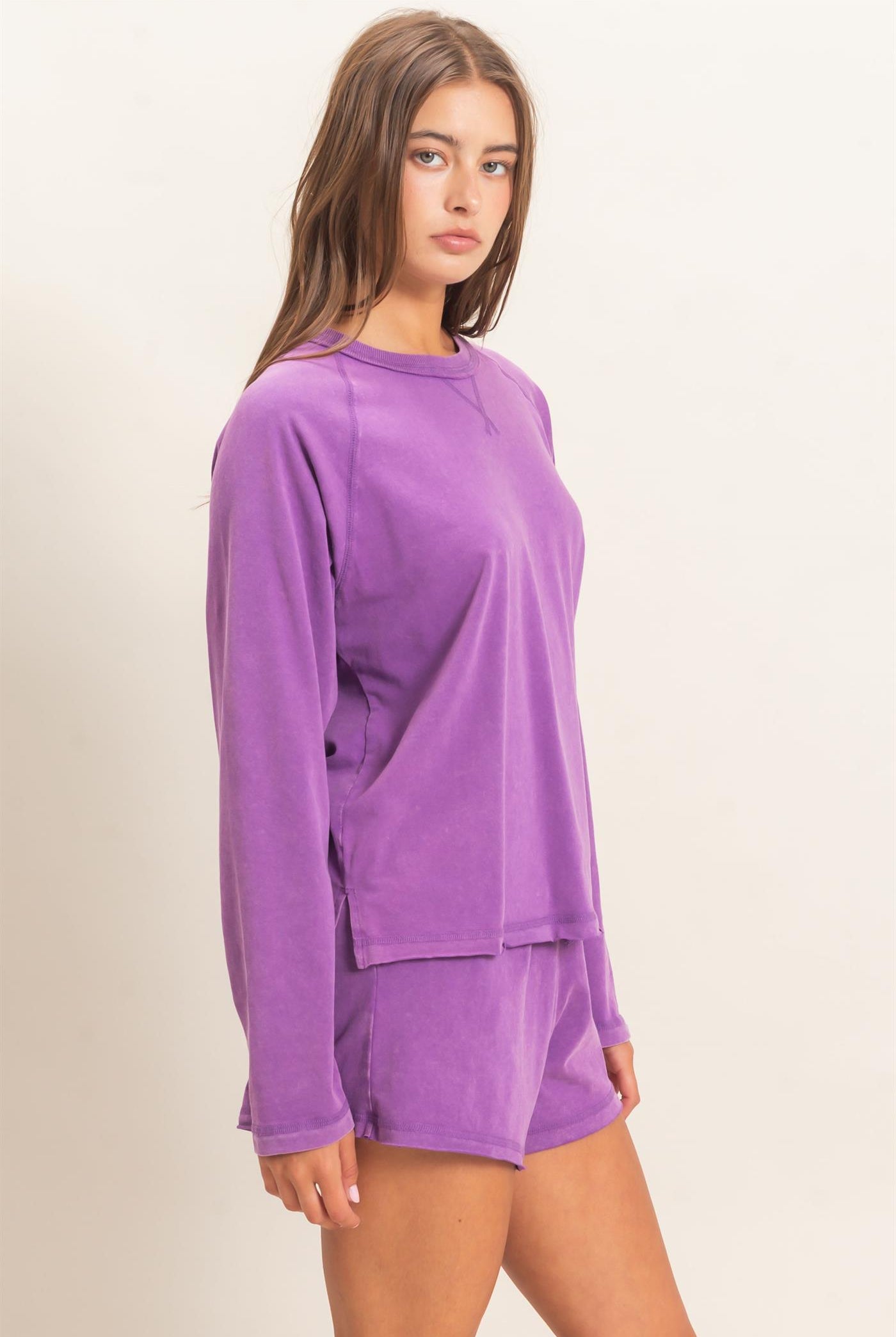 Wholesale Mineral Wash Long Sleeve Raw Edge Top & Shorts Set Clothing DZ26F403-SET PLUM DOUBLE ZERO