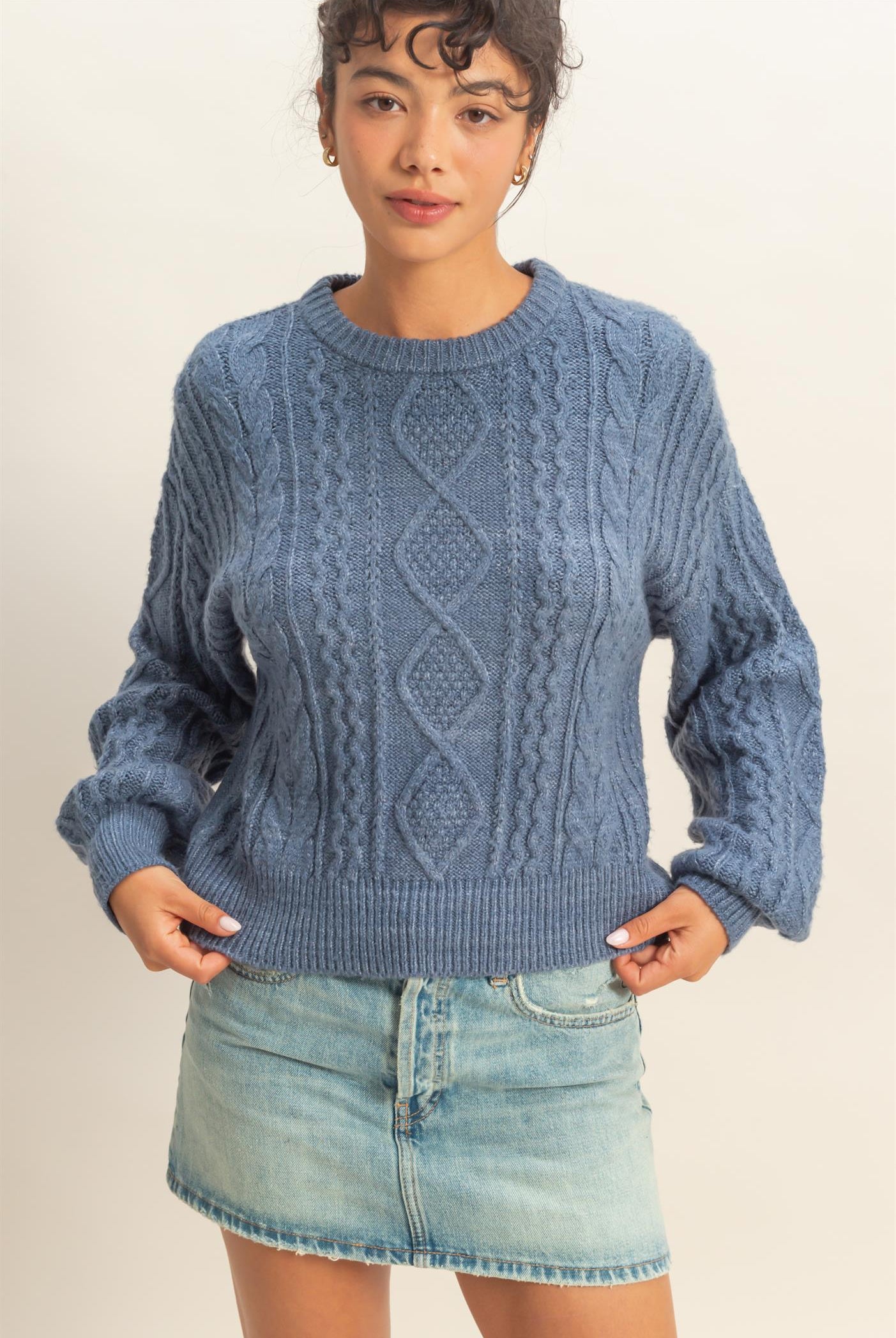 Wholesale Cable Knit Balloon Sleeve Sweater Sweaters DZ25F126 DUSTY NAVY DOUBLE ZERO