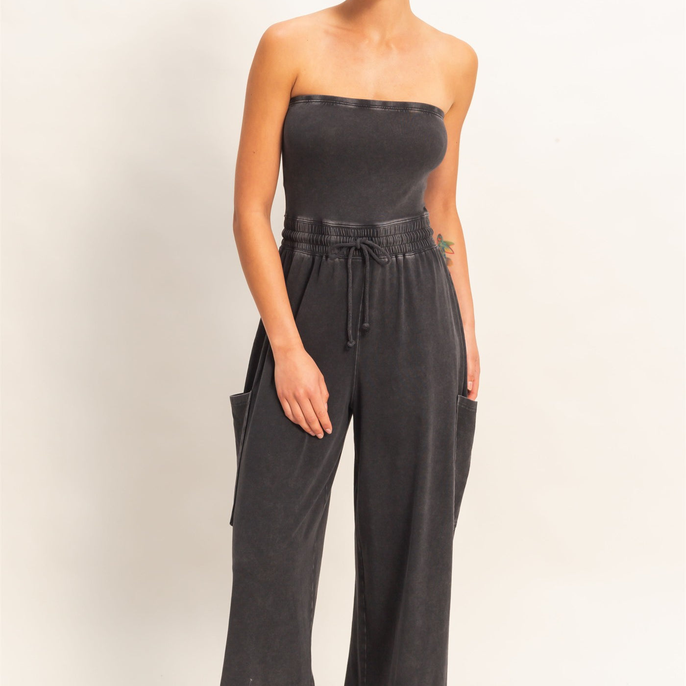 Wholesale Mineral Wash Strapless Wide-Leg Jumpsuit Clothing DZ26C376 BLACK DOUBLE ZERO