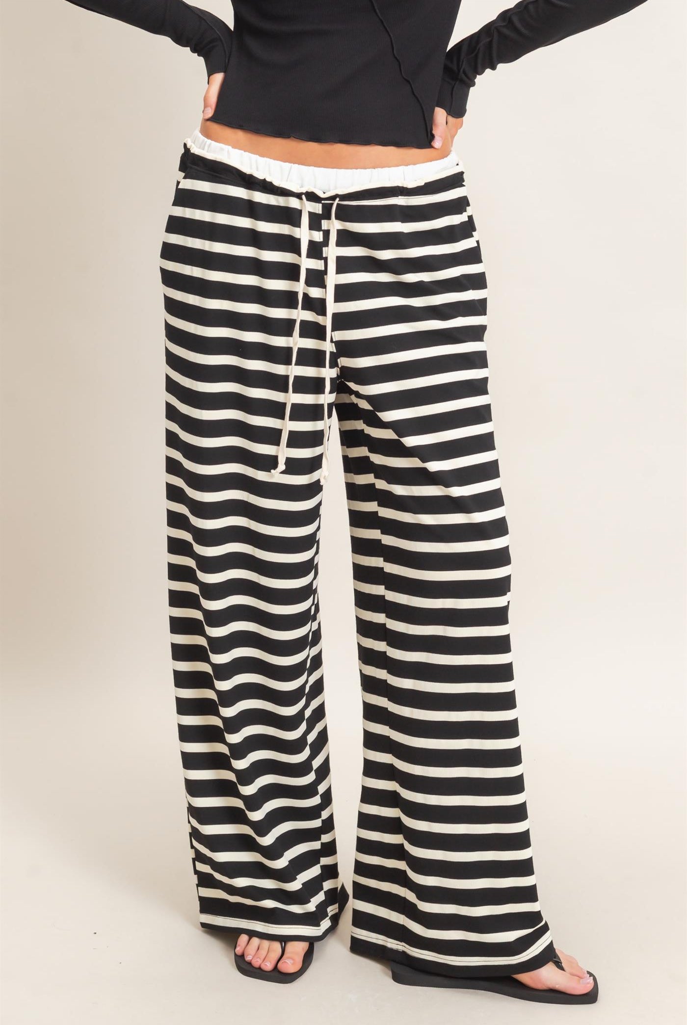 Wholesale Striped Wide-Leg Pants Pants HF26F229-D BLACK/ CREAM HYFVE