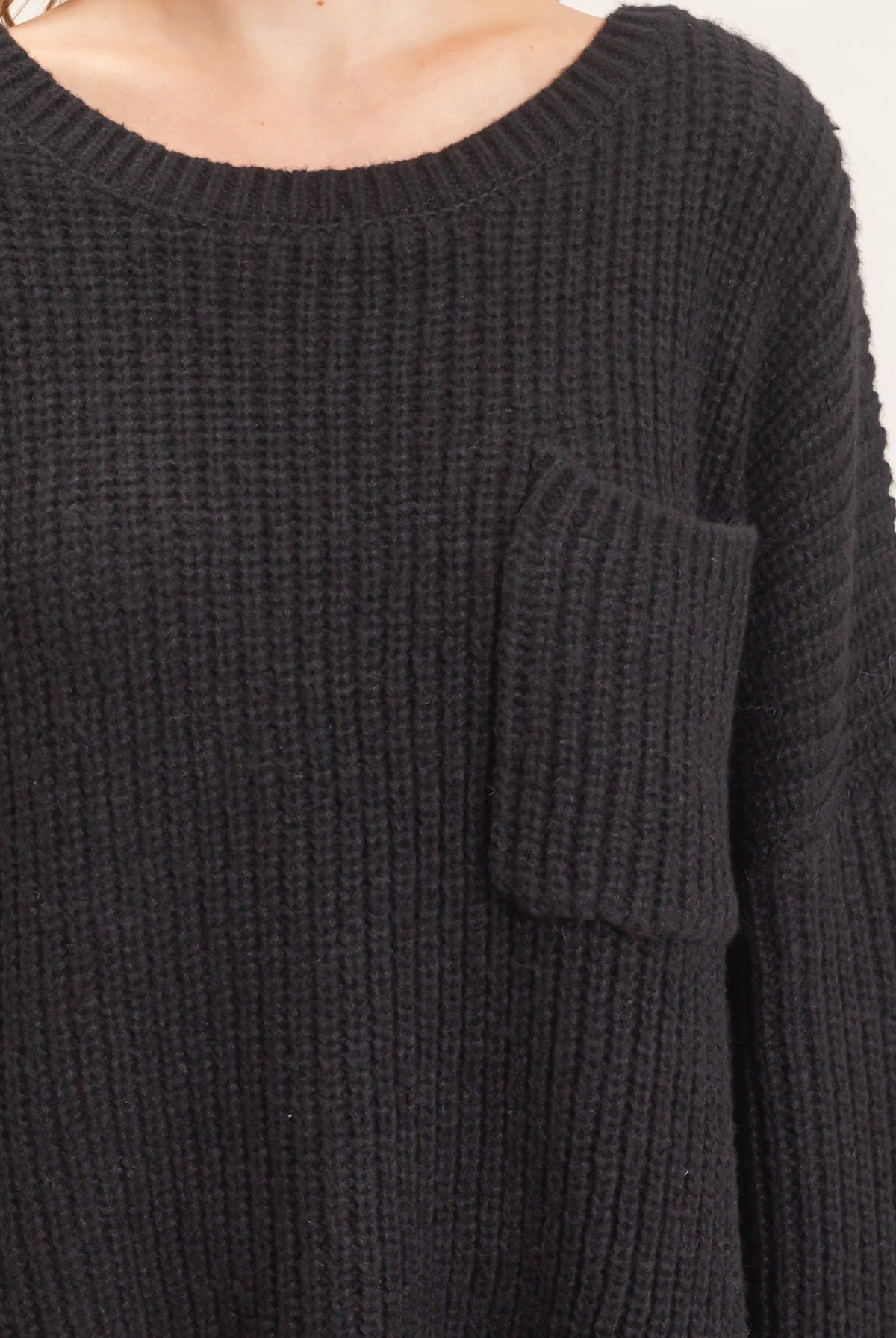 Wholesale Ribbed Knit Patch Pocket Sweater Sweaters HF26F177 BLACK HYFVE