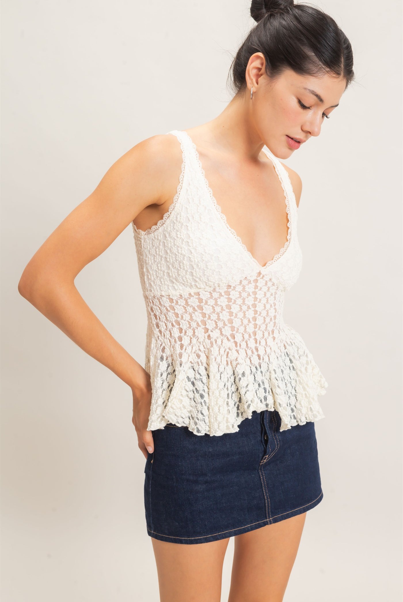 Wholesale Lace V-Neck Peplum Top Clothing Tops HF26E088 CREAM HYFVE