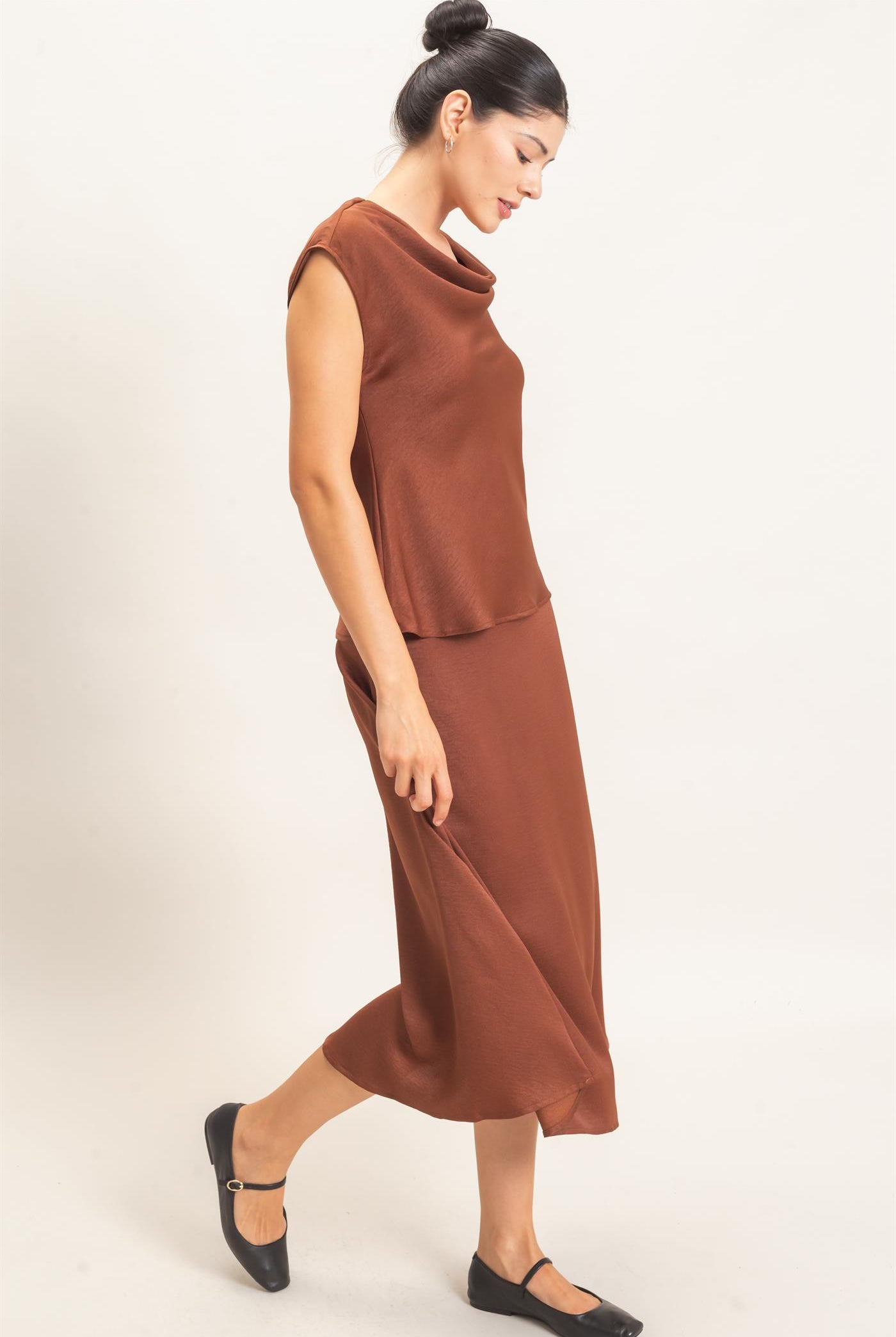 Wholesale Satin Cowl Neck Top And Skirt Set Clothing HF26C690-SET BROWN HYFVE