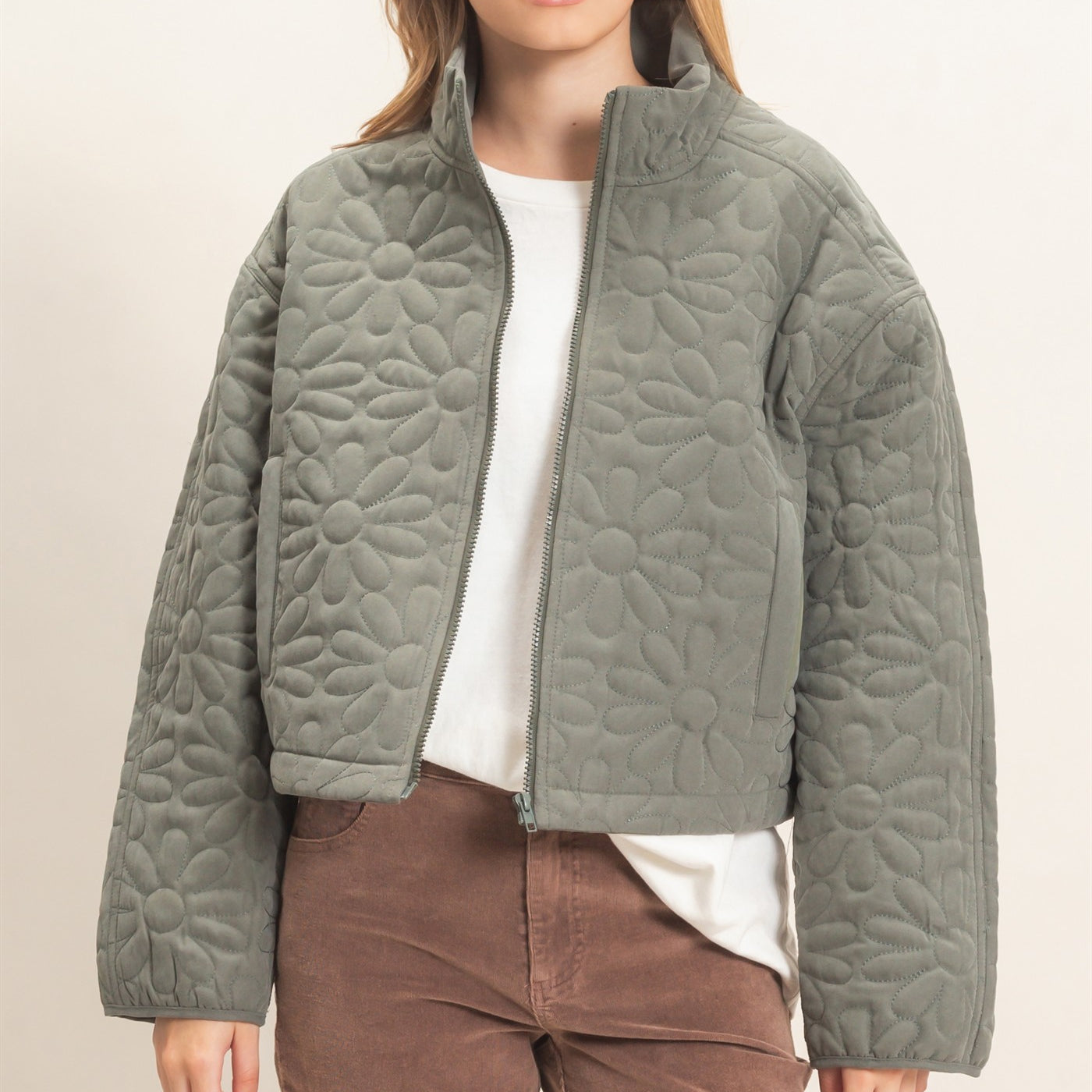 Wholesale Daisy Quilted Mock Neck Jacket Coats & Jackets HF26C821 OLIVE HYFVE