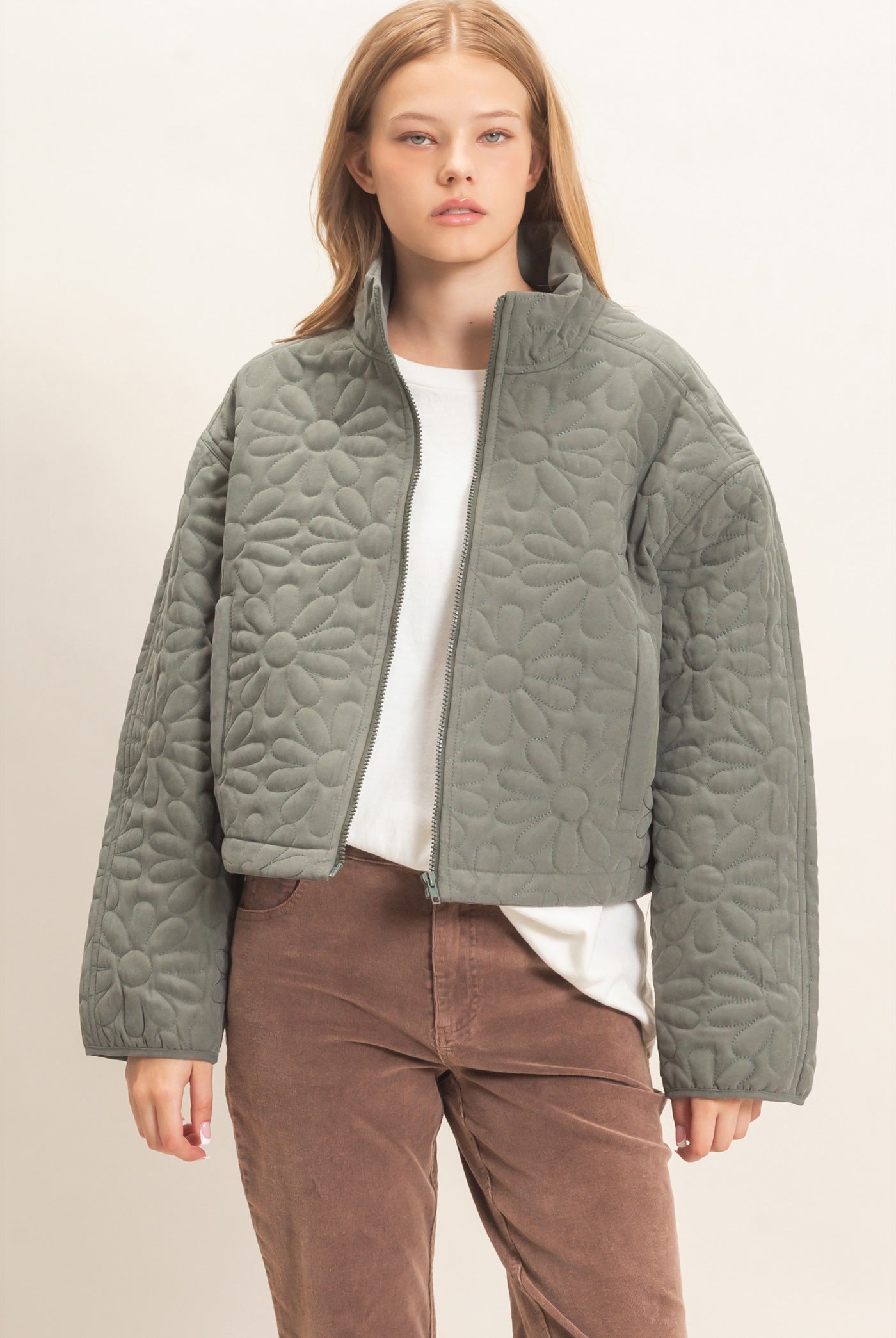 Wholesale Daisy Quilted Mock Neck Jacket Coats & Jackets HF26C821 OLIVE HYFVE
