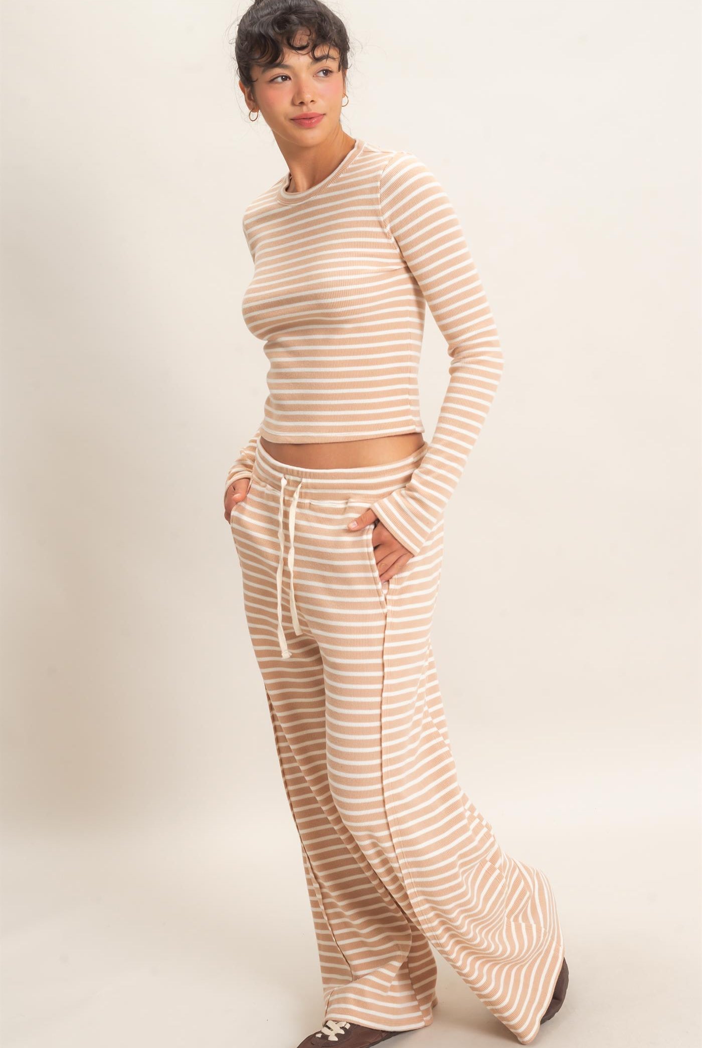 Wholesale Striped Waffle Long Sleeve Top & Pants Set Clothing DZ25F479-SET SAND DOUBLE ZERO