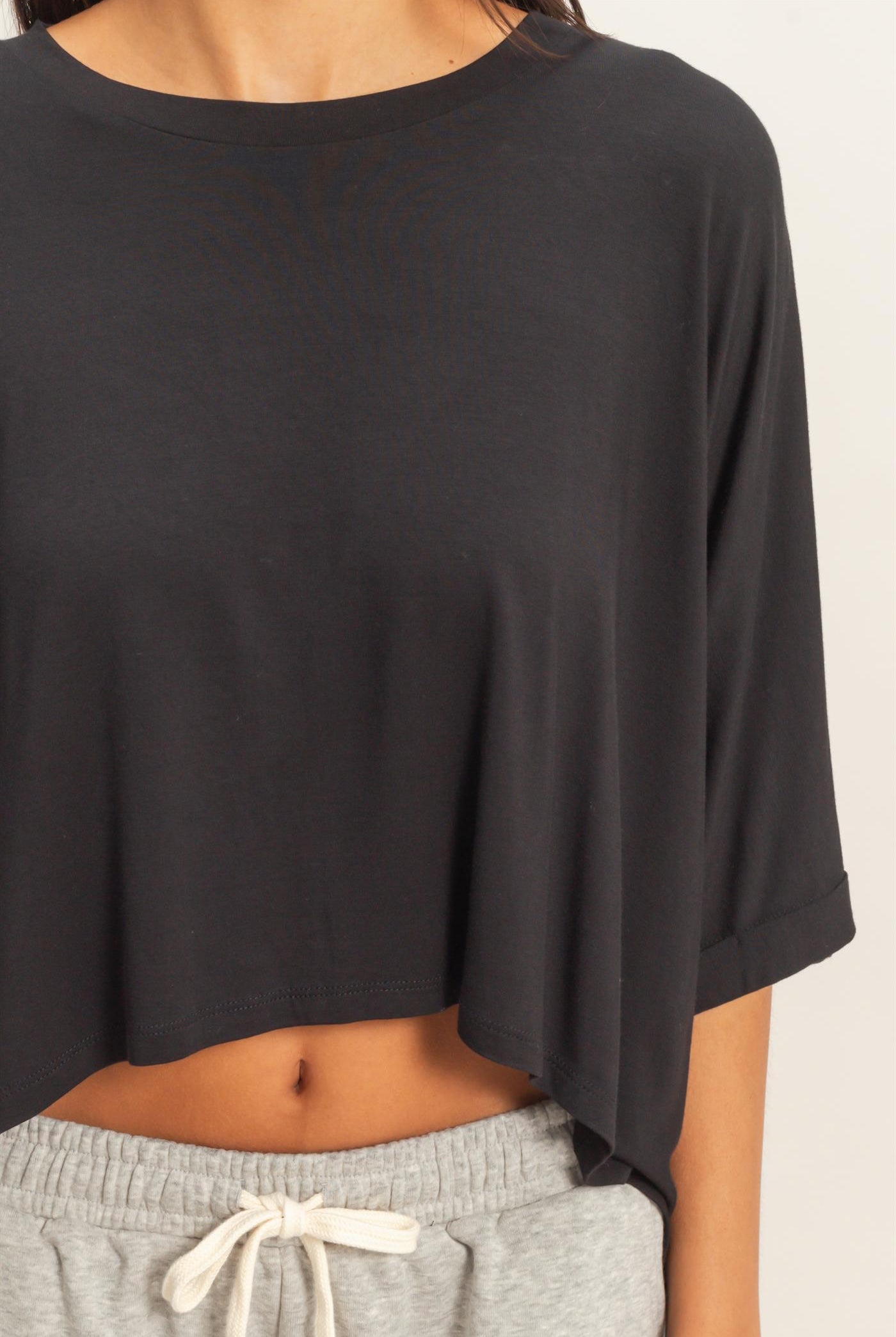 Wholesale Relaxed High-Low Batwing Sleeve Top Shirts DZ26A742 BLACK DOUBLE ZERO