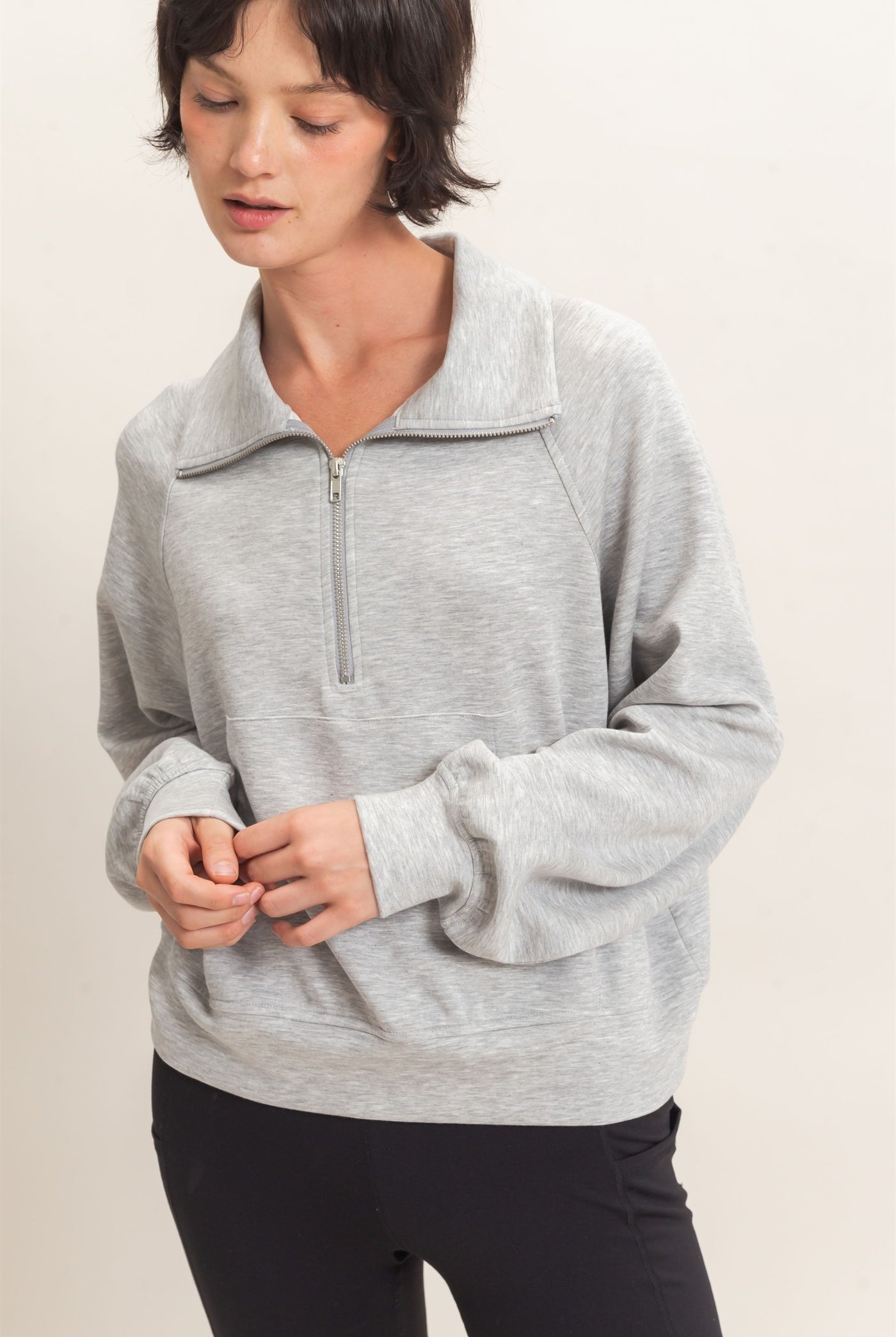 Wholesale Half-Zip Collar Raglan Pullover Sweatshirts DZ26C967 HEATHER GRAY DOUBLE ZERO