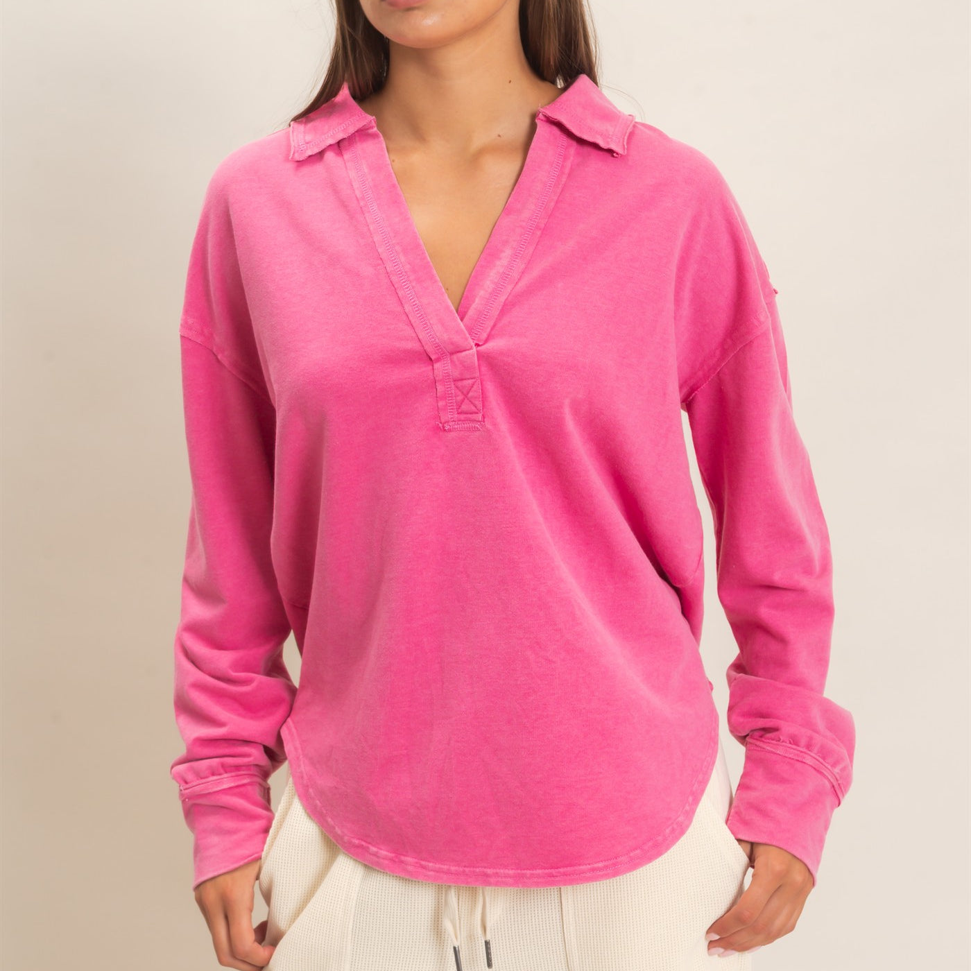 Wholesale Mineral Washed Polo Collar Long Sleeve Top Polos DZ26E887 FUCHSIA DOUBLE ZERO