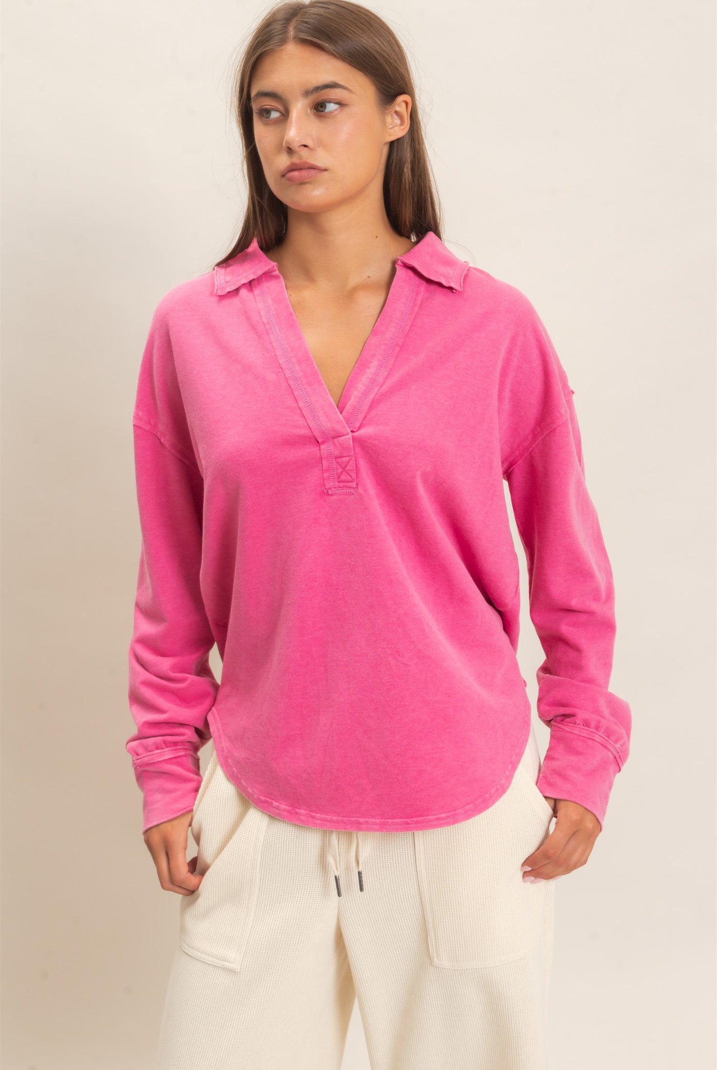 Wholesale Mineral Washed Polo Collar Long Sleeve Top Polos DZ26E887 FUCHSIA DOUBLE ZERO