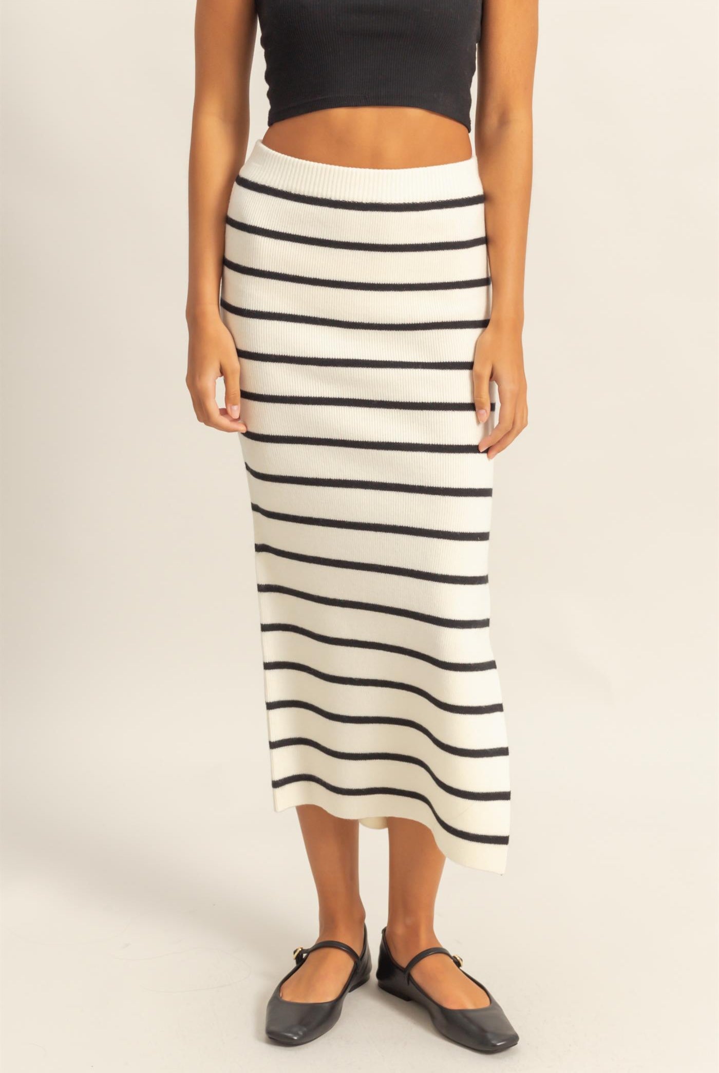 Wholesale Striped High Waist Bodycon Sweater Skirt Skirts DZ25A637 BLACK/CREAM DOUBLE ZERO