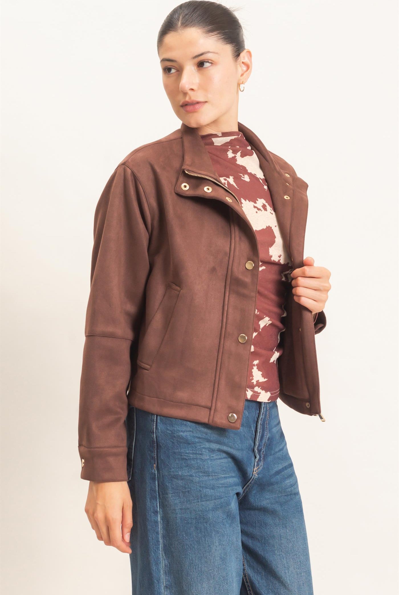 Wholesale Collar Suede Snap Jacket Coats & Jackets HF26E373 CHESTNUT HYFVE