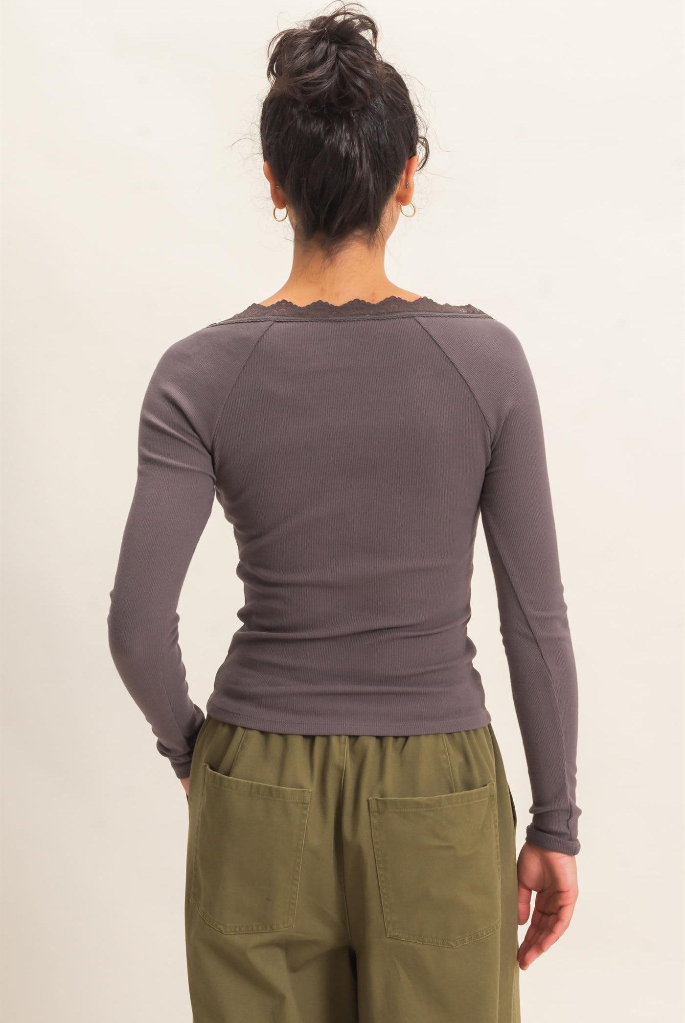 Wholesale Lace-Trim Henley Top Clothing Tops DZ26E325 CHARCOAL DOUBLE ZERO