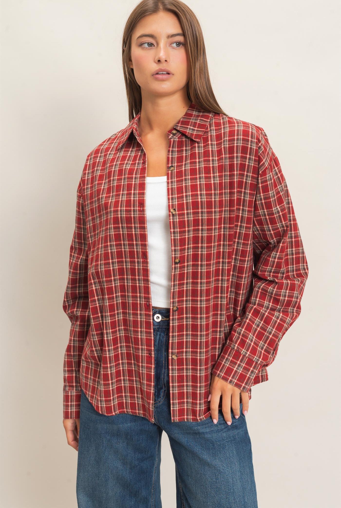 Wholesale Plaid Oversized Shirt Shirts DZ26F062 DARK RED DOUBLE ZERO