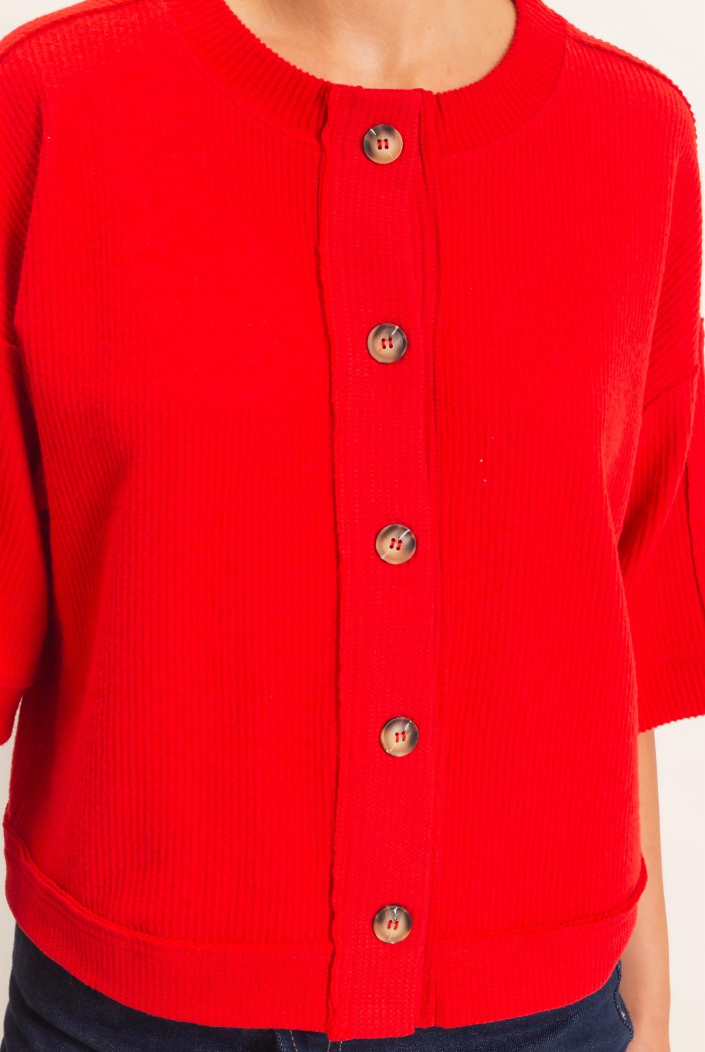 Wholesale Button-Down Short Sleeve Waffle Top Clothing Tops DZ26F244 RED DOUBLE ZERO