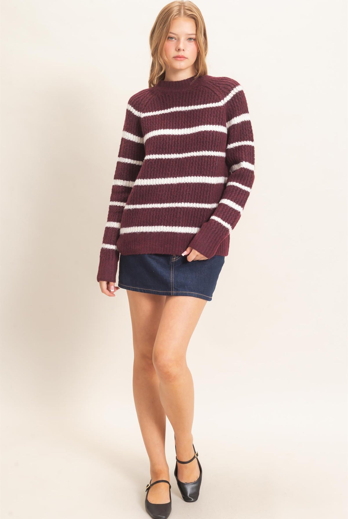 Wholesale Textured Striped Mock Neck Sweater Sweaters HF26E765 WINE HYFVE