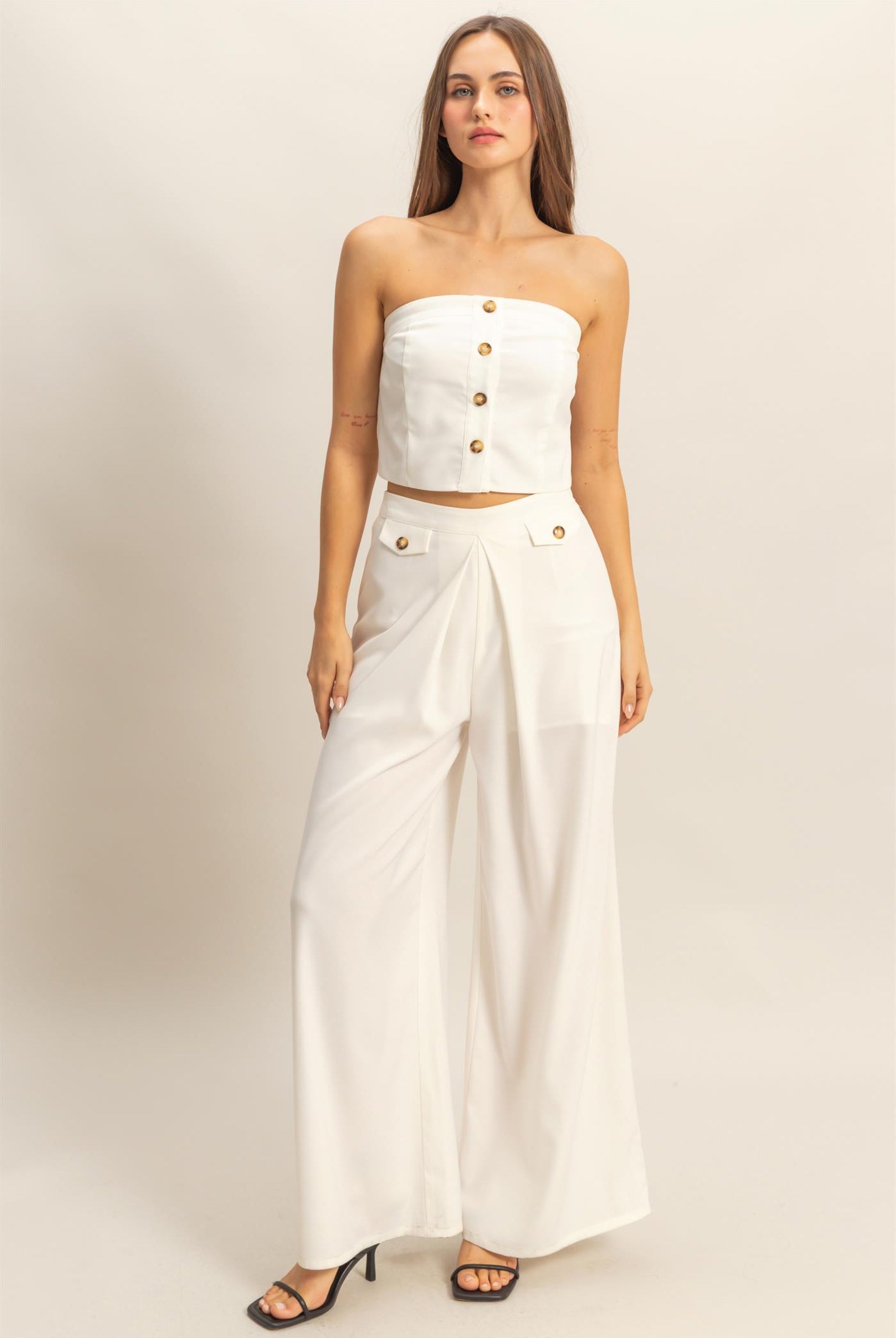 Wholesale Strapless Buttoned Top And Pants Set Clothing HF25E017-SET OFF WHITE HYFVE