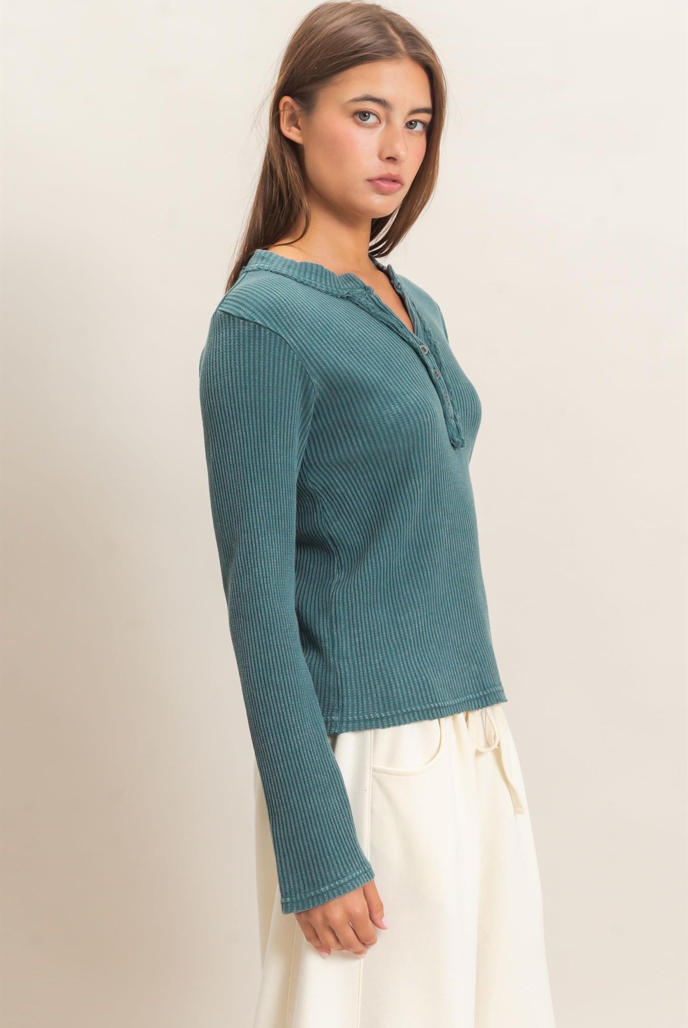 Wholesale Mineral Wash Waffle Henley Long Sleeve Top Clothing Tops DZ26E243 DARK TEAL DOUBLE ZERO