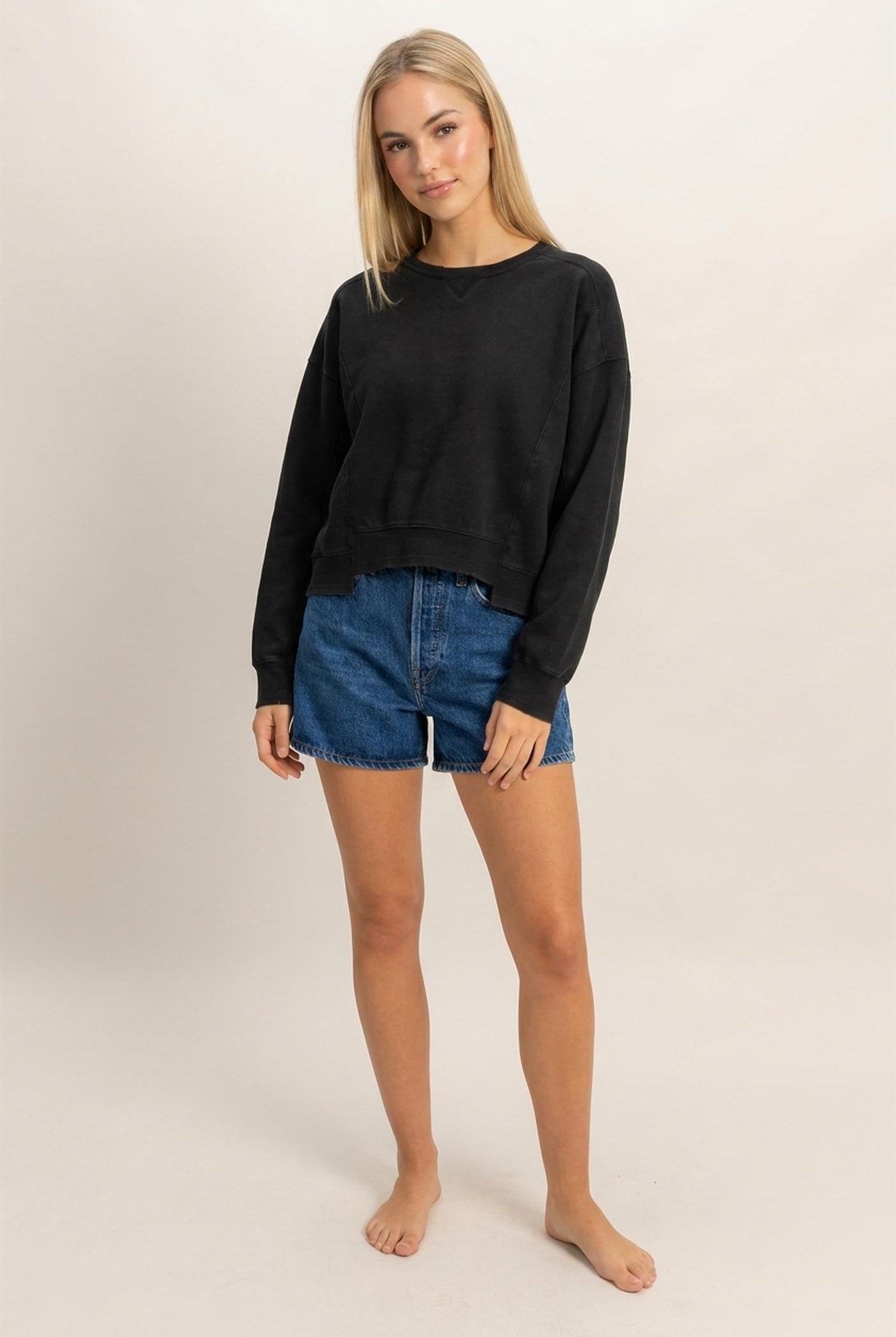 Wholesale Acid Wash Seam Detail Crew Neck Sweatshirt Sweatshirts DZ26E260 BLACK DOUBLE ZERO