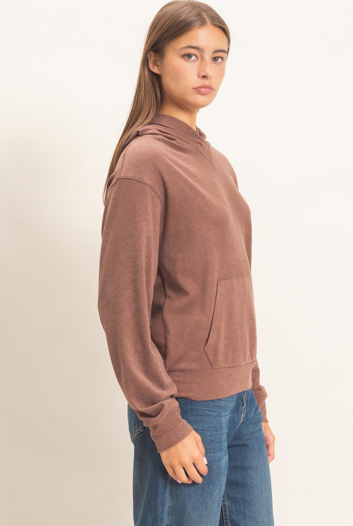 Wholesale Long Sleeve Hoodie With Kangaroo Pocket Hoodies DZ26F276 DARK BROWN DOUBLE ZERO