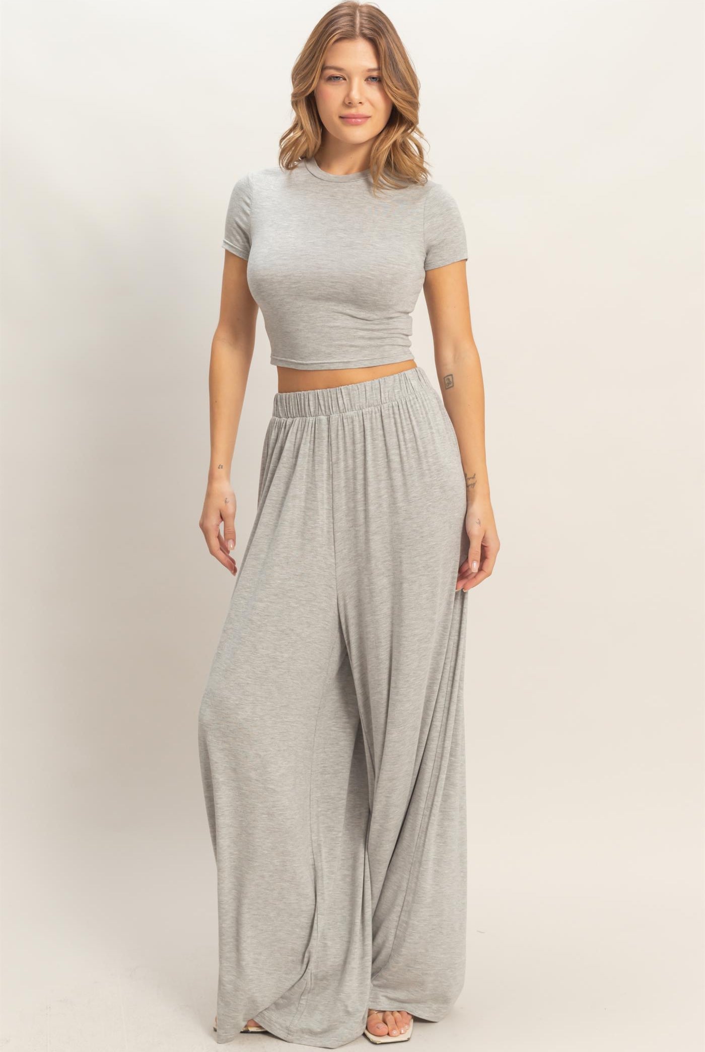 Wholesale Short Sleeve Top & Wide Leg Pants Set Clothing HF26C310-SET-D H.GRAY HYFVE
