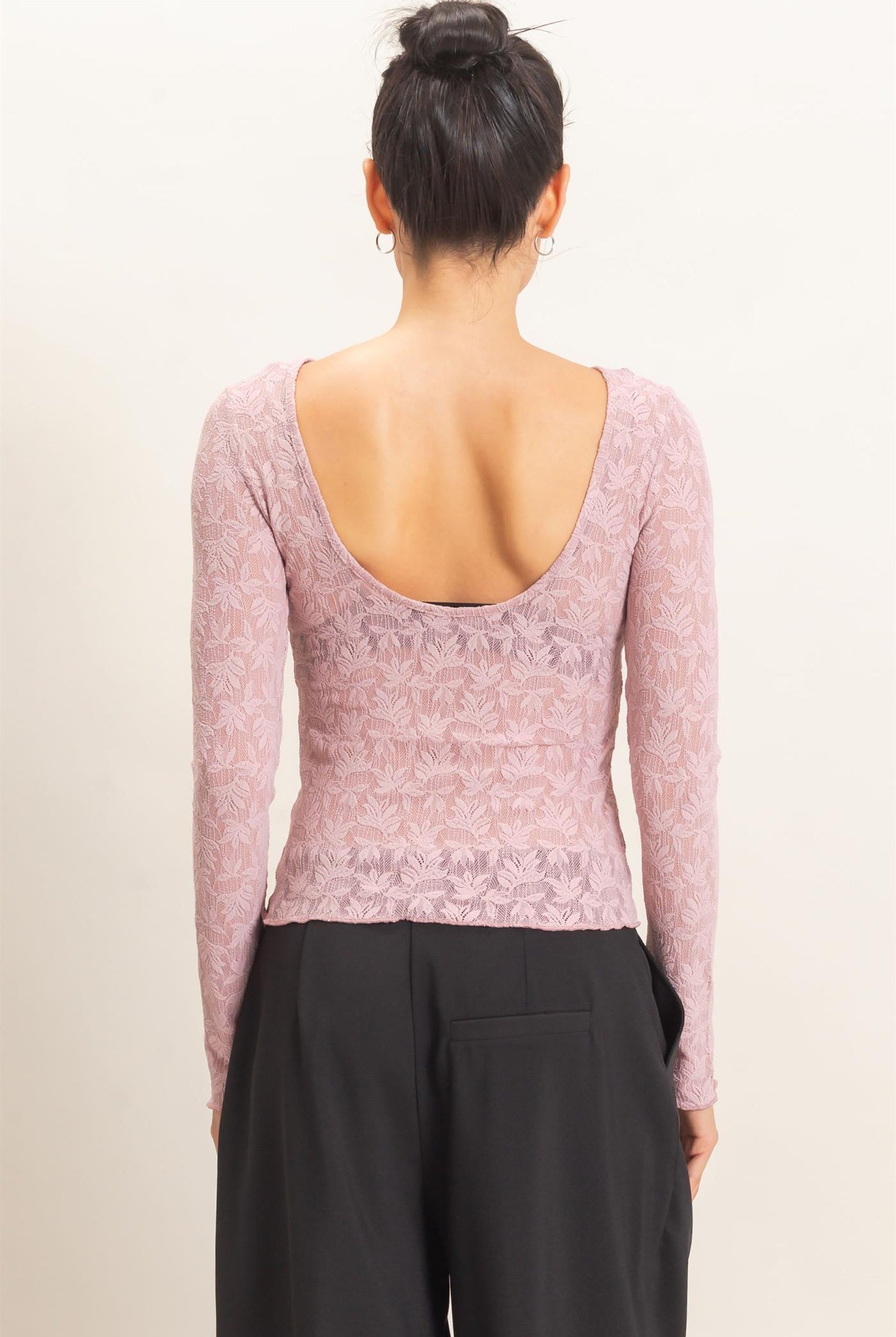 Wholesale Floral Lace Long Sleeve Top Clothing Tops HF26E309 LIGHT MAUVE HYFVE