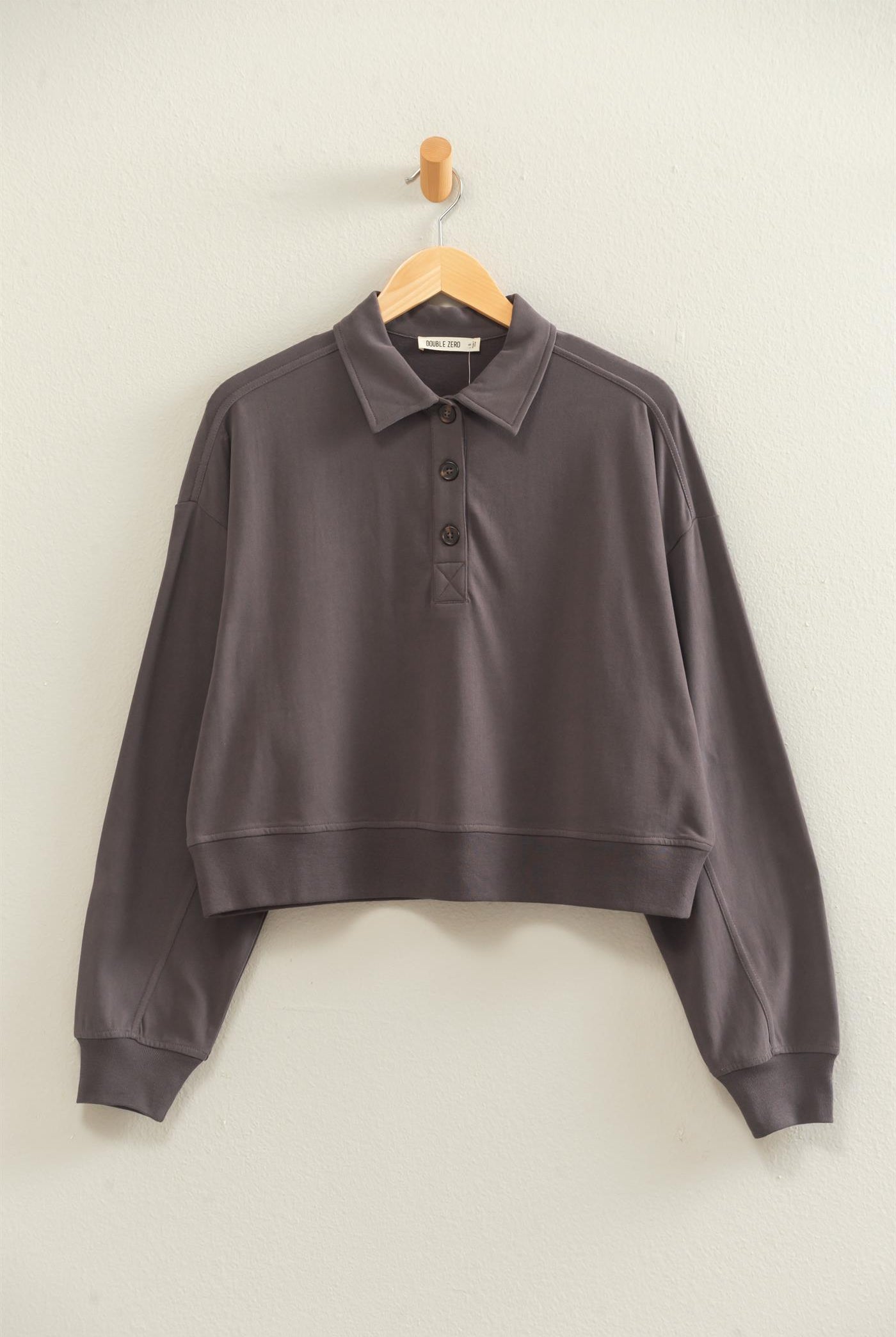Wholesale Washed Button-Front Collared Sweatshirt Sweatshirts DZ26E390 CHARCOAL DOUBLE ZERO