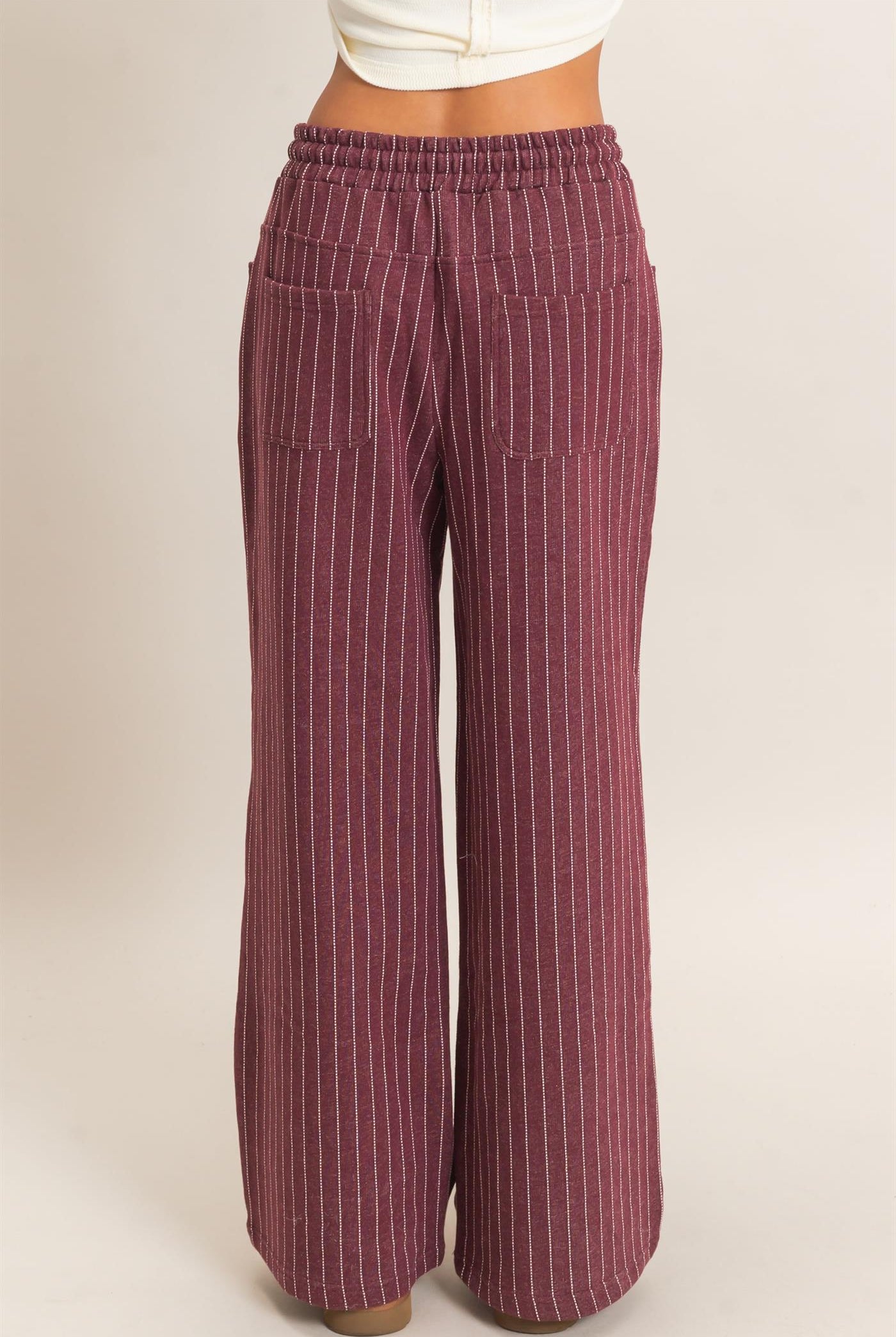 Wholesale Pinstripe Elastic Waist Sweatpants Pants DZ26A813 DARK CHERRY DOUBLE ZERO