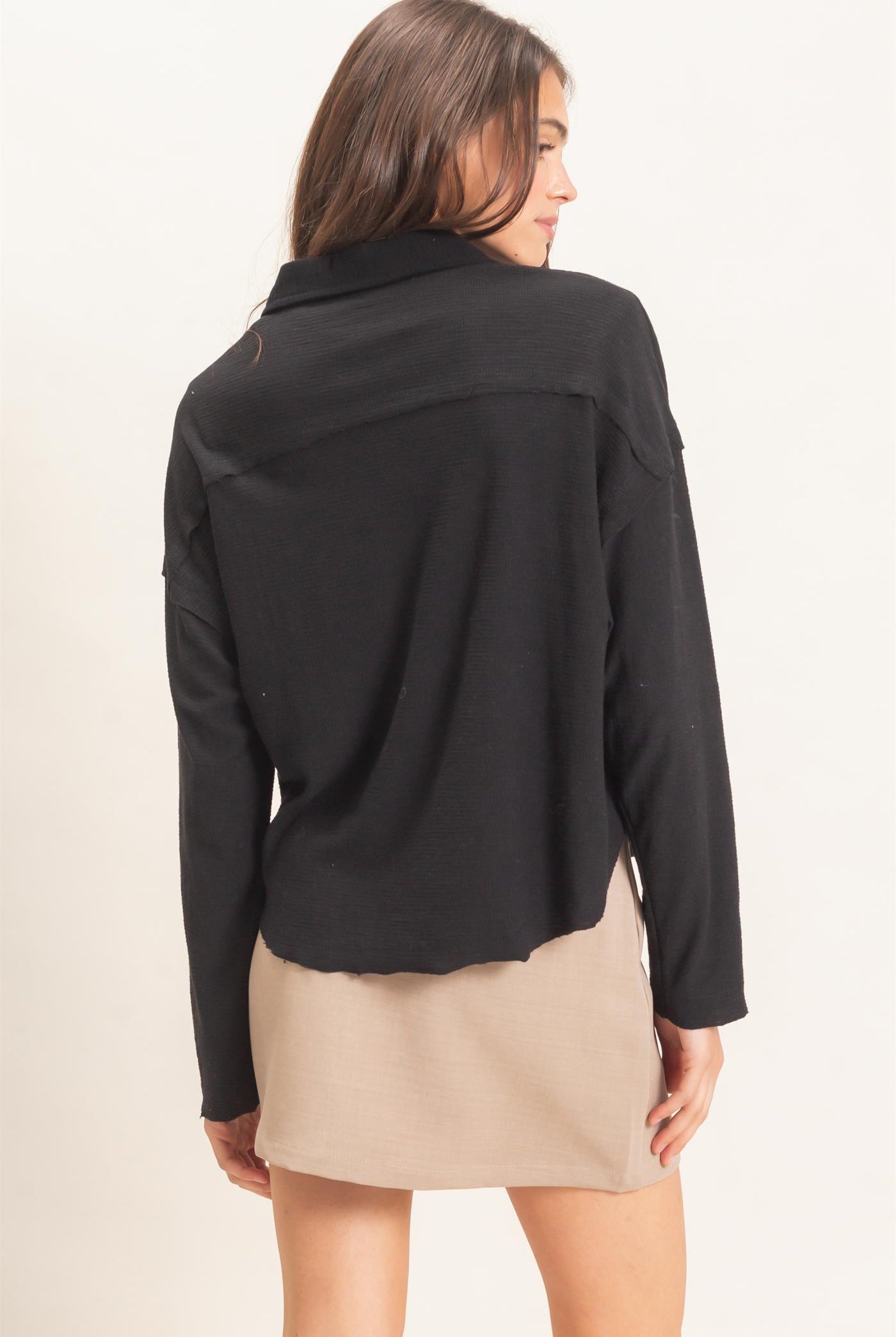 Wholesale Textured Button-Up Shirt Clothing Tops HF26C878 BLACK HYFVE