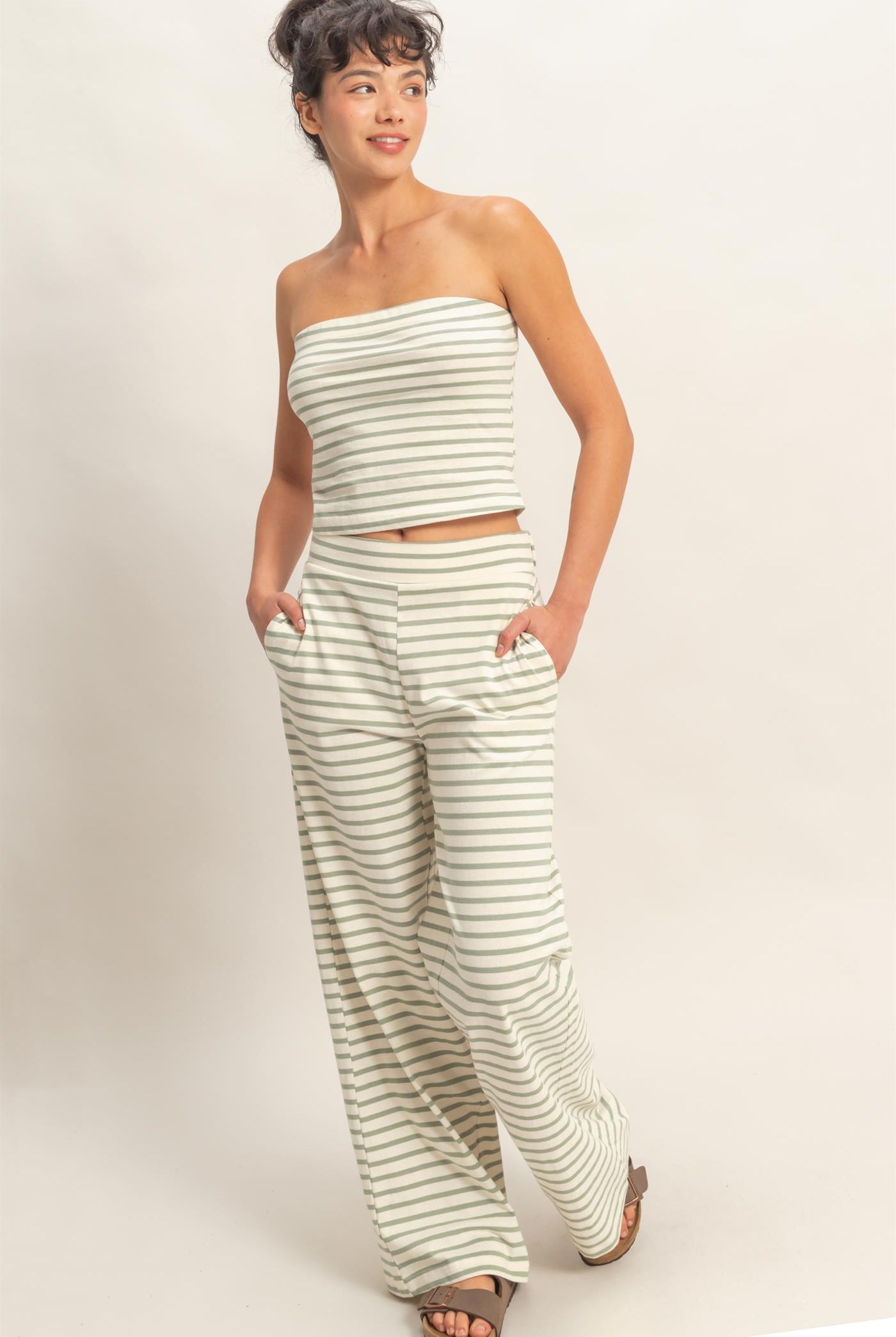 Wholesale Striped Jersey Tube Top And Pants Set Clothing DZ26C621-SET SAGE GREEN DOUBLE ZERO
