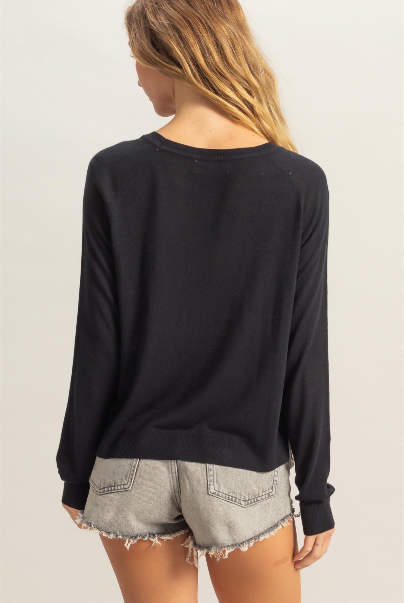 Wholesale Round Neck Raglan Sleeve Knit Top Sweaters DZ25C061 BLACK DOUBLE ZERO