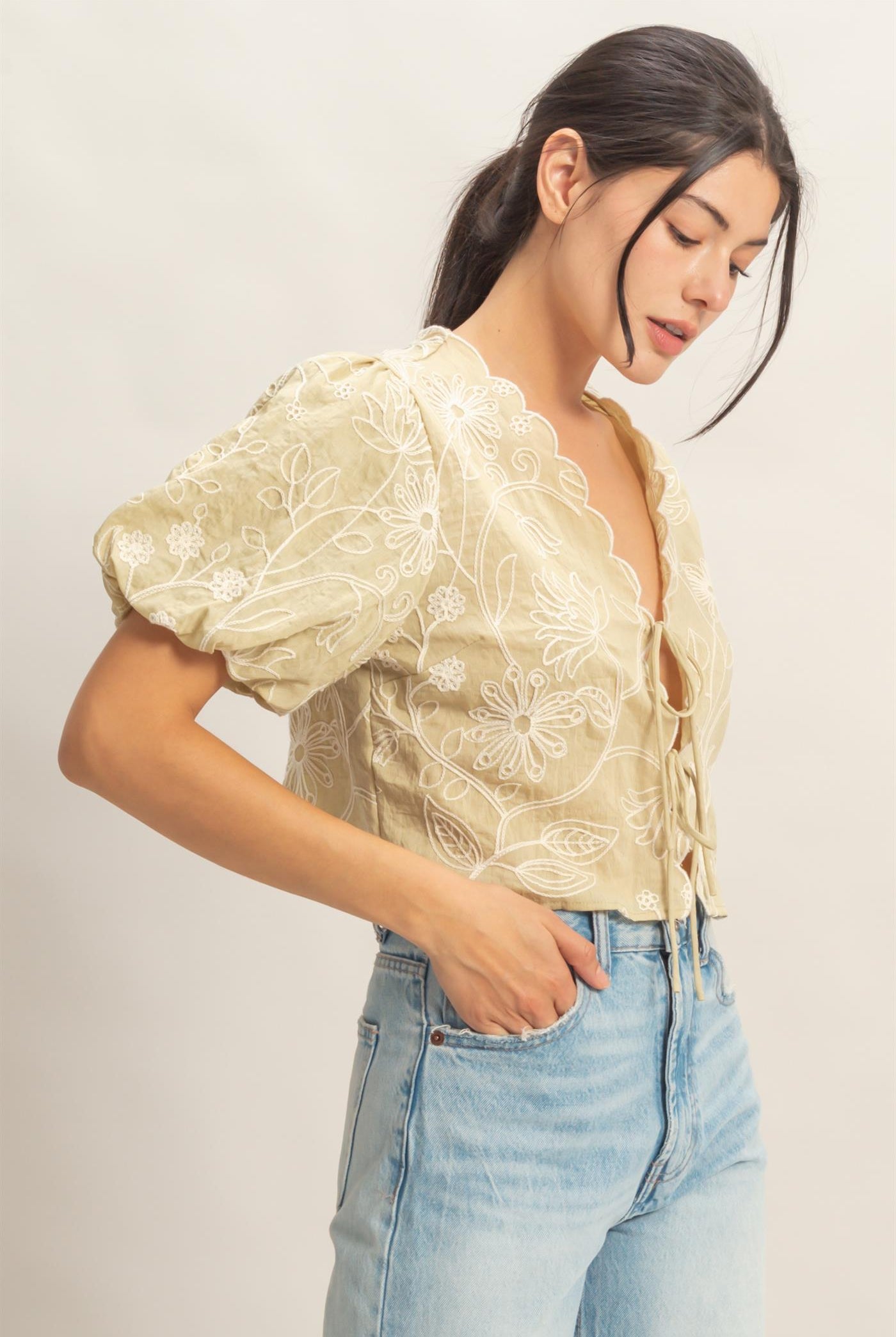 Wholesale Floral Embroidered Tie-Front Top Blouses HF26C556-D LIGHT SAGE HYFVE