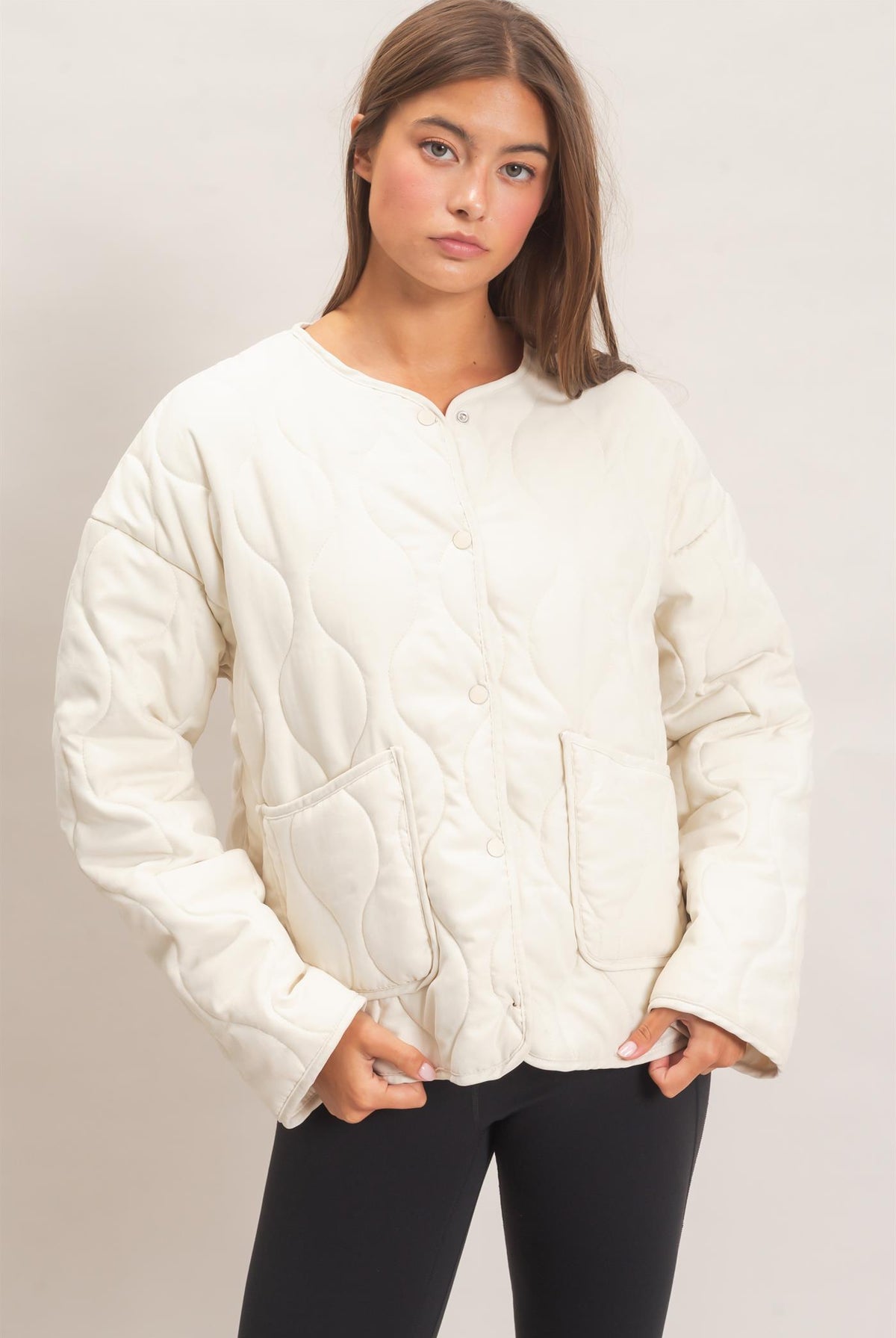 Wholesale Quilted Button Front Jacket Coats & Jackets DZ26F254 CREAM DOUBLE ZERO