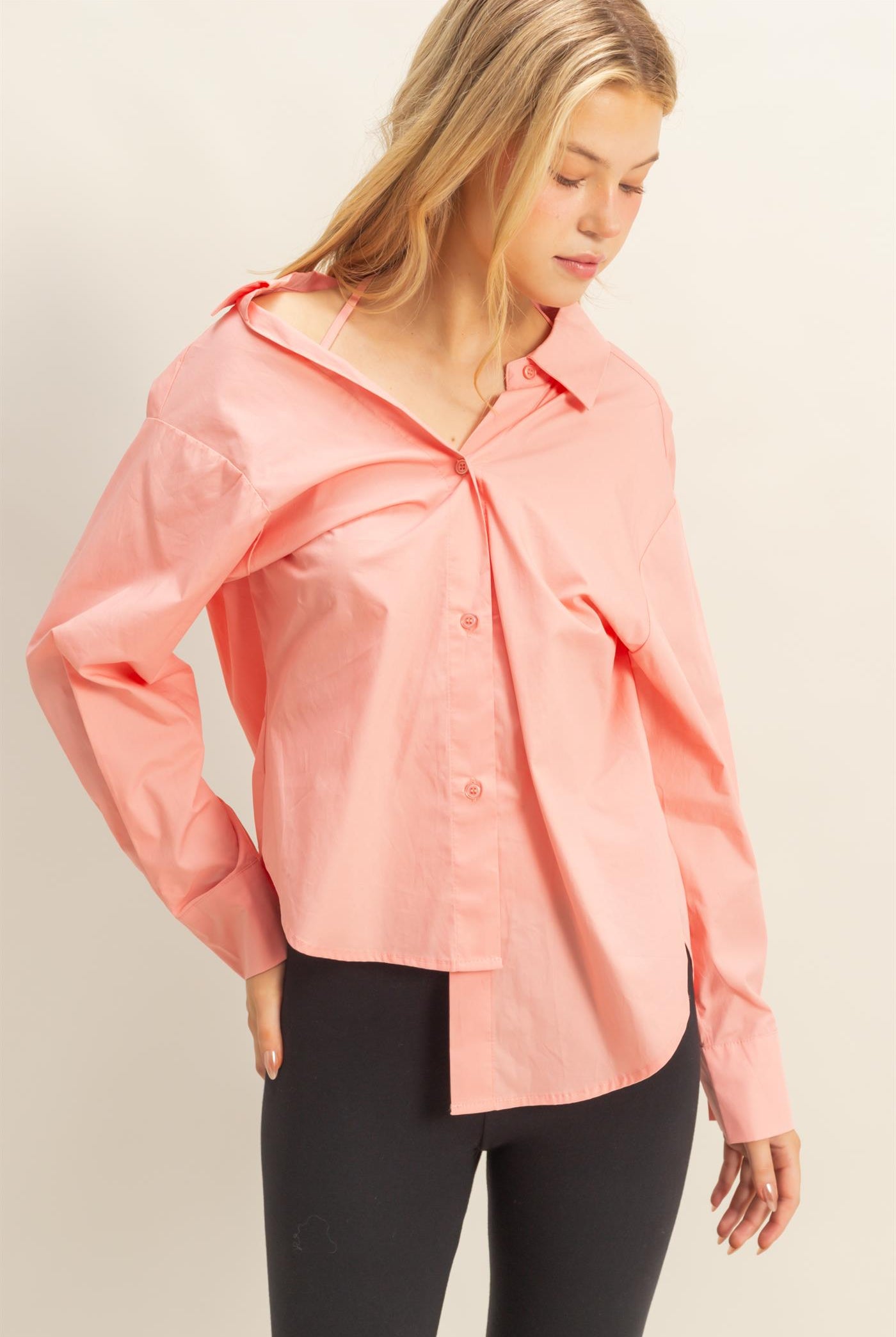 Wholesale Off-The-Shoulder Asymmetrcal Button-Up Shirt Clothing Tops HF22G139 BLUSH HYFVE