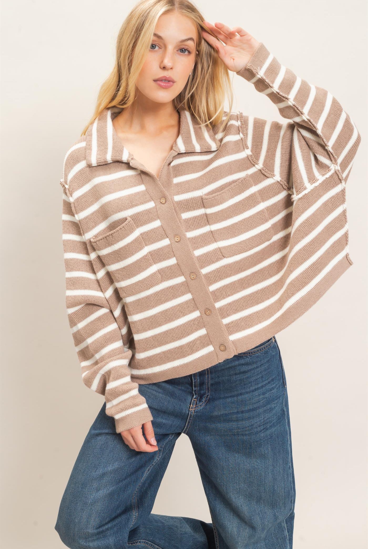 Wholesale Striped Button Front Cardigan Sweaters HF26F197 TAUPE HYFVE