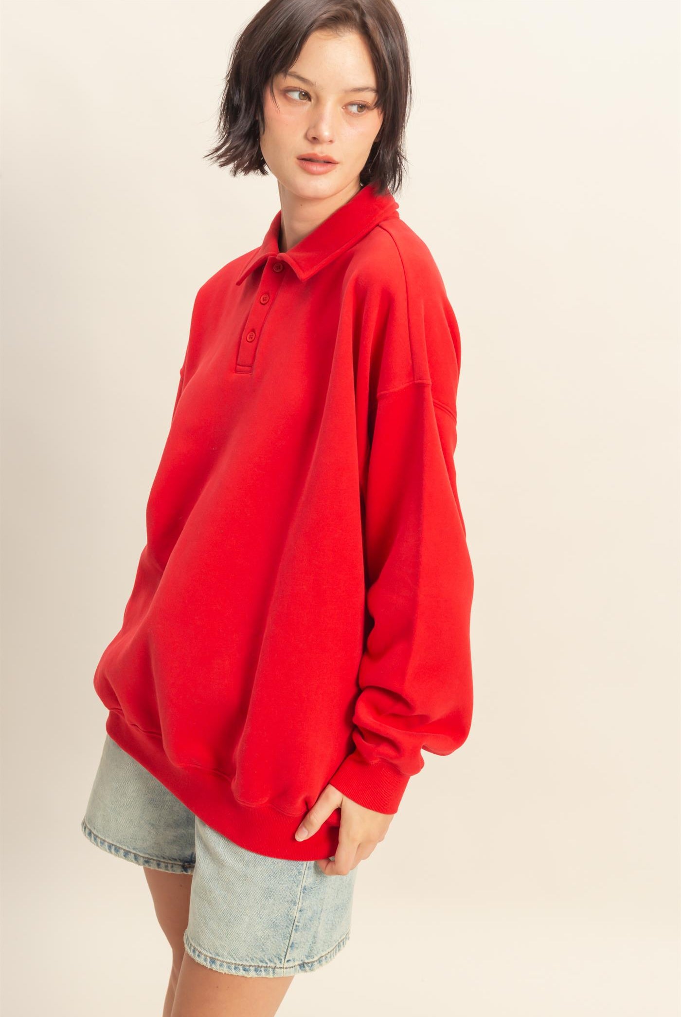 Wholesale Oversized Polo Collared Pullover Sweatshirts DZ25F074 RED DOUBLE ZERO