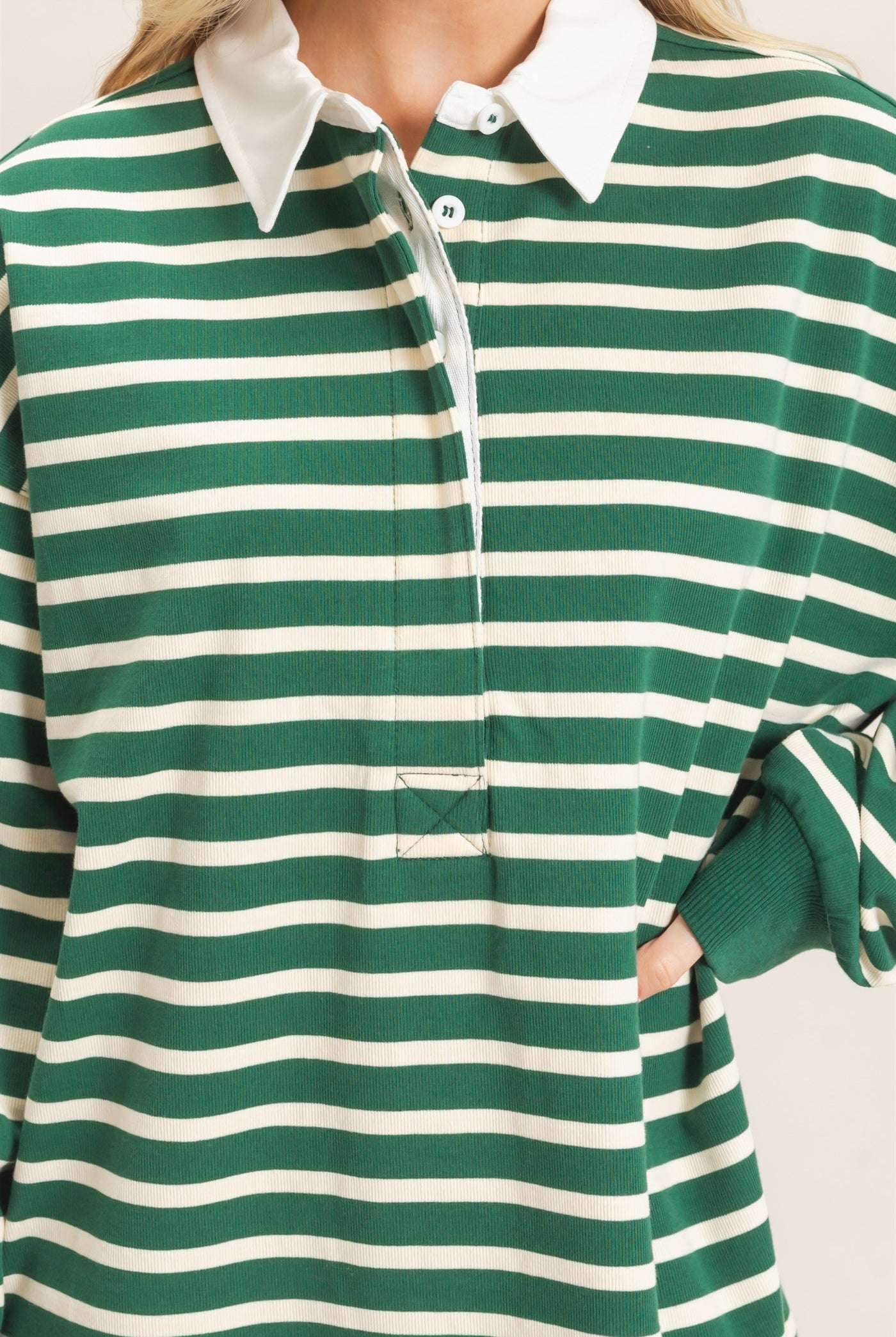 Wholesale Striped Polo Long Sleeve Top Clothing Tops HF26F078 GREEN/CREAM HYFVE