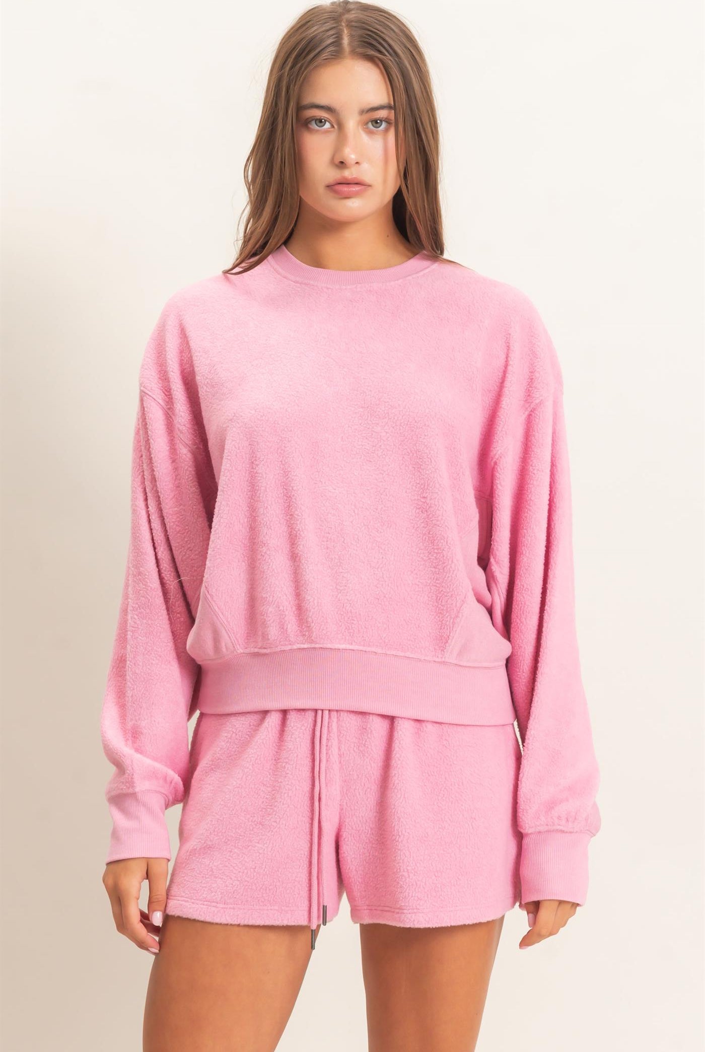 Wholesale Contrast Sweatshirt & Shorts Set Clothing DZ25F478-SET PINK DOUBLE ZERO