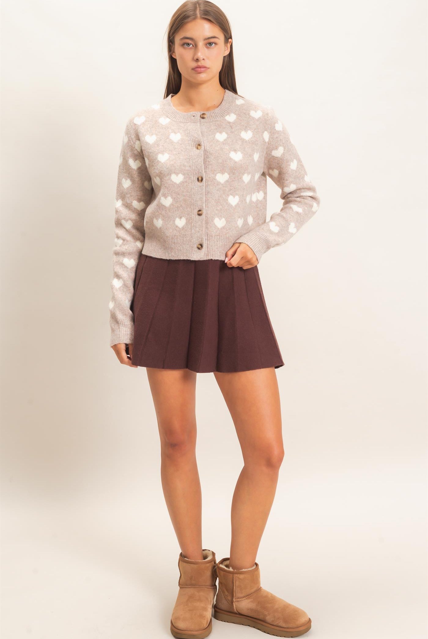 Wholesale Heart Pattern Cardigan Cardigans DZ26E320 TAUPE DOUBLE ZERO