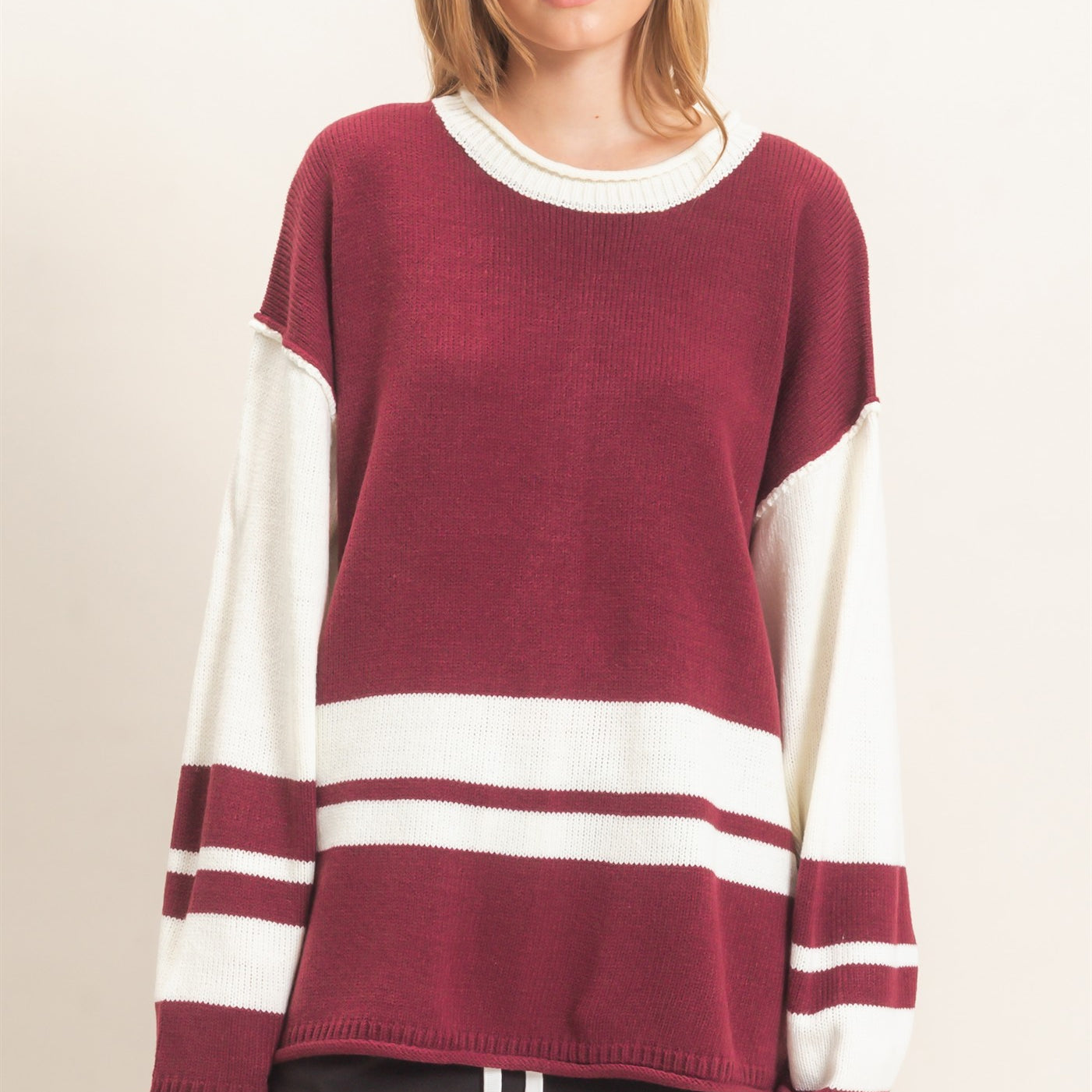 Wholesale Striped Crew Neck Sweater Sweaters HF26E793 CRANBERRY HYFVE