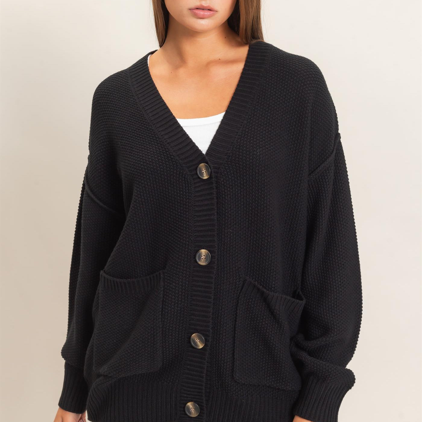 Wholesale Textured Oversized Knit Buttoned Cardigan Cardigans DZ26C971 BLACK DOUBLE ZERO