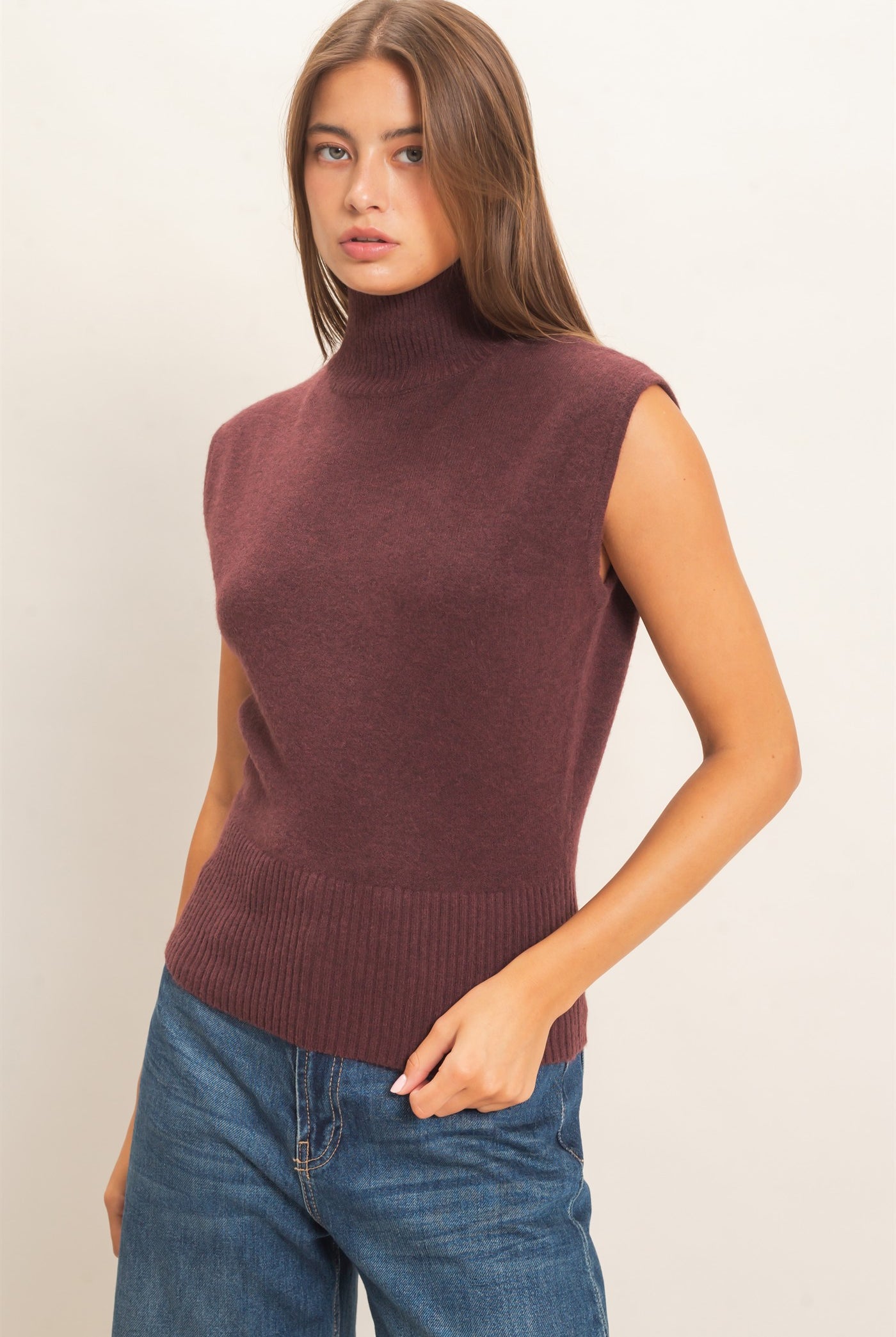 Wholesale Sleeveless High Neck Knit Top Clothing Tops DZ26E946 CHESTNUT DOUBLE ZERO