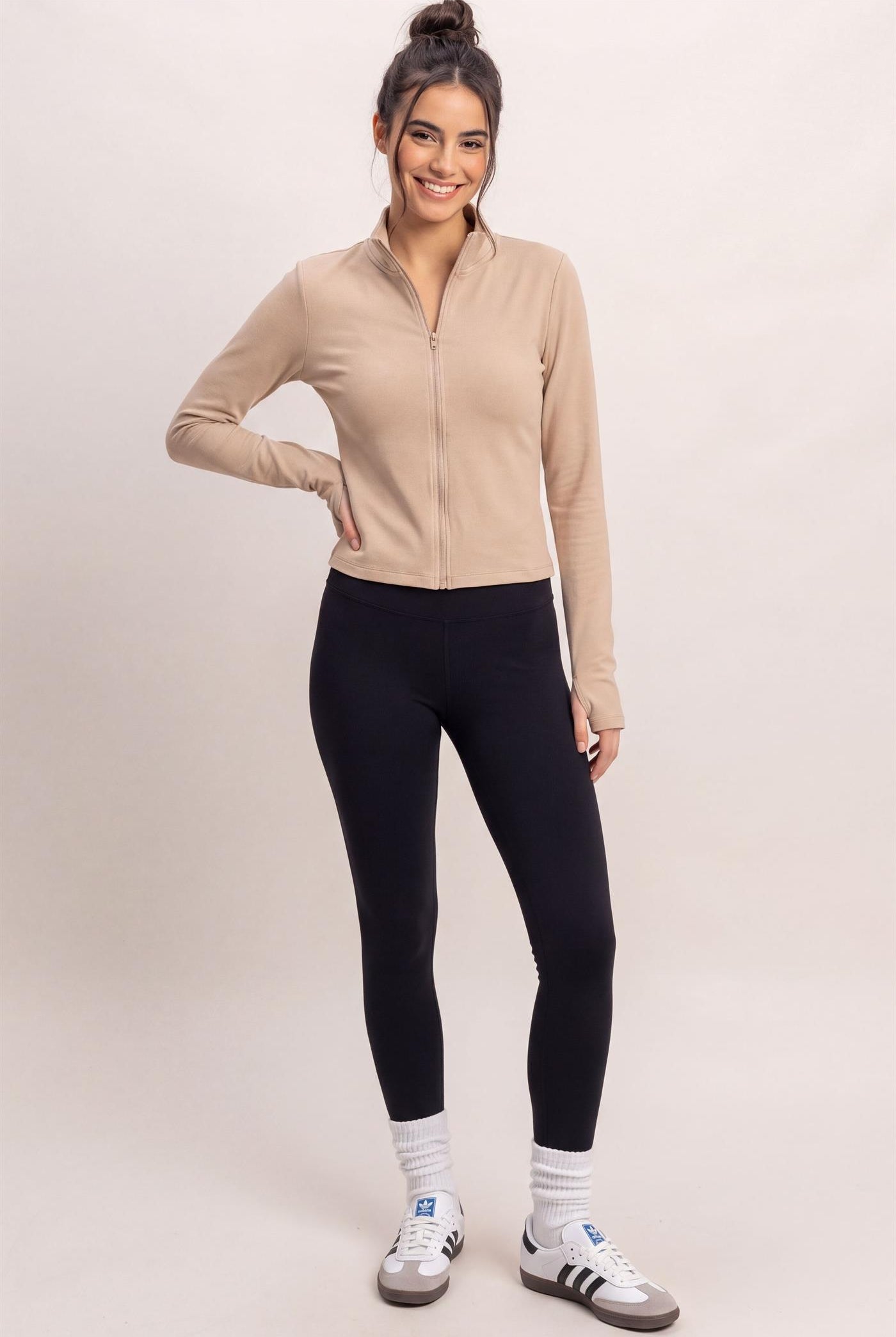 Wholesale Mock Neck Long Sleeve Zip Up Top Clothing Tops DZ26E911 TAUPE DOUBLE ZERO