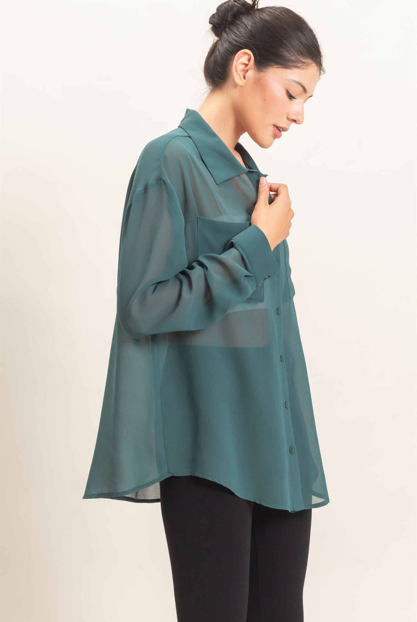 Wholesale Button-Down Collar Blouse Shirts HF26F067 TEAL GREEN HYFVE