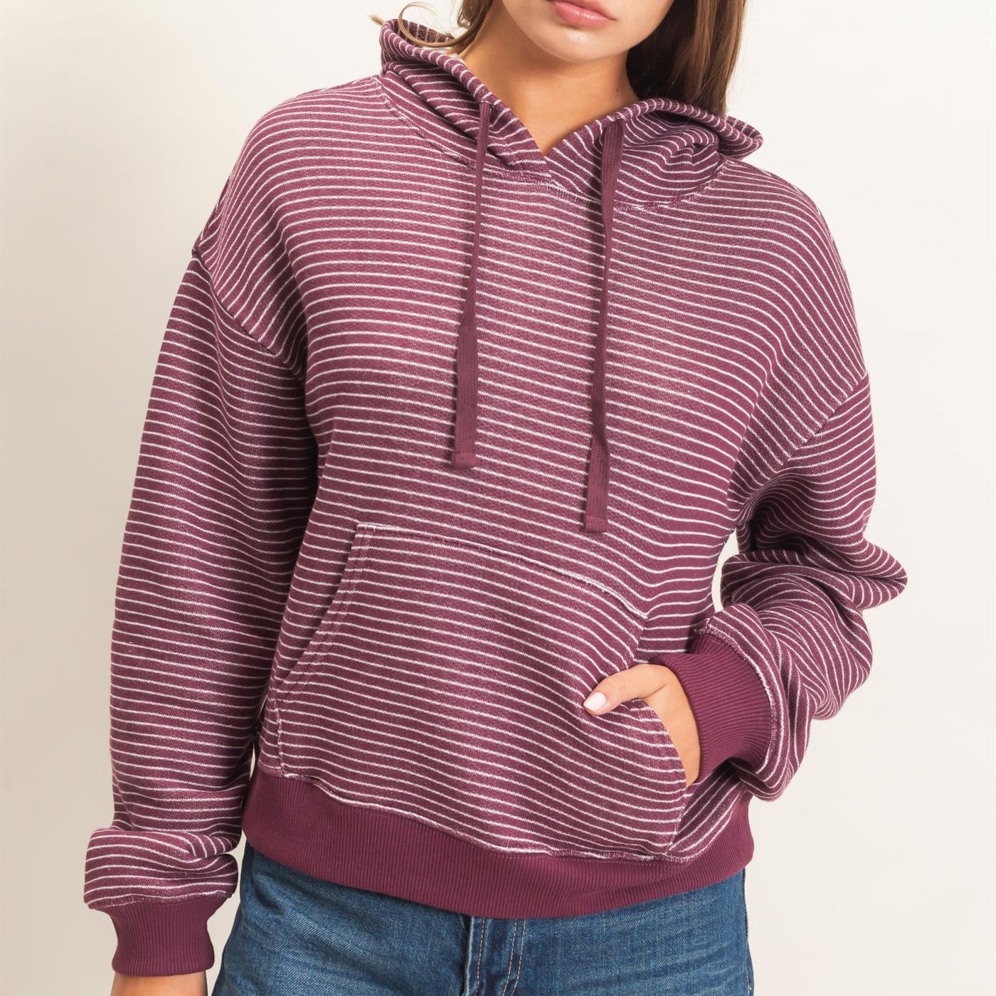 Wholesale Striped French Terry Hoodie Hoodies DZ26C619 DARK CHERRY DOUBLE ZERO